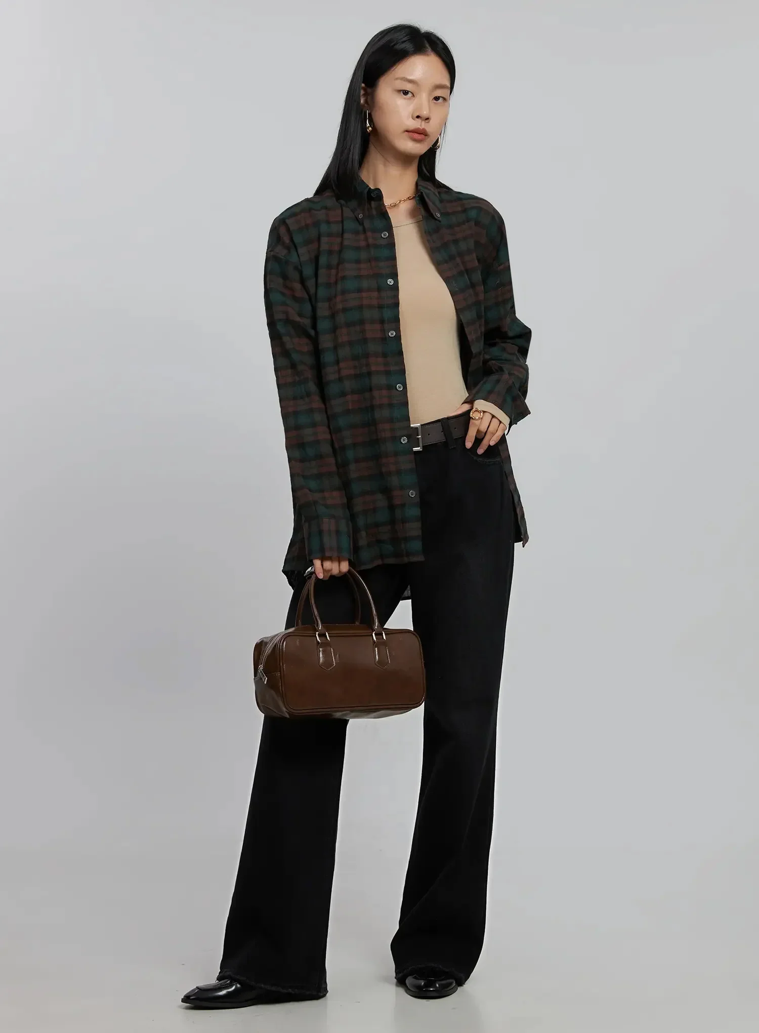 Oversized Plaid Button-Up Shirt ID504 - Image 13
