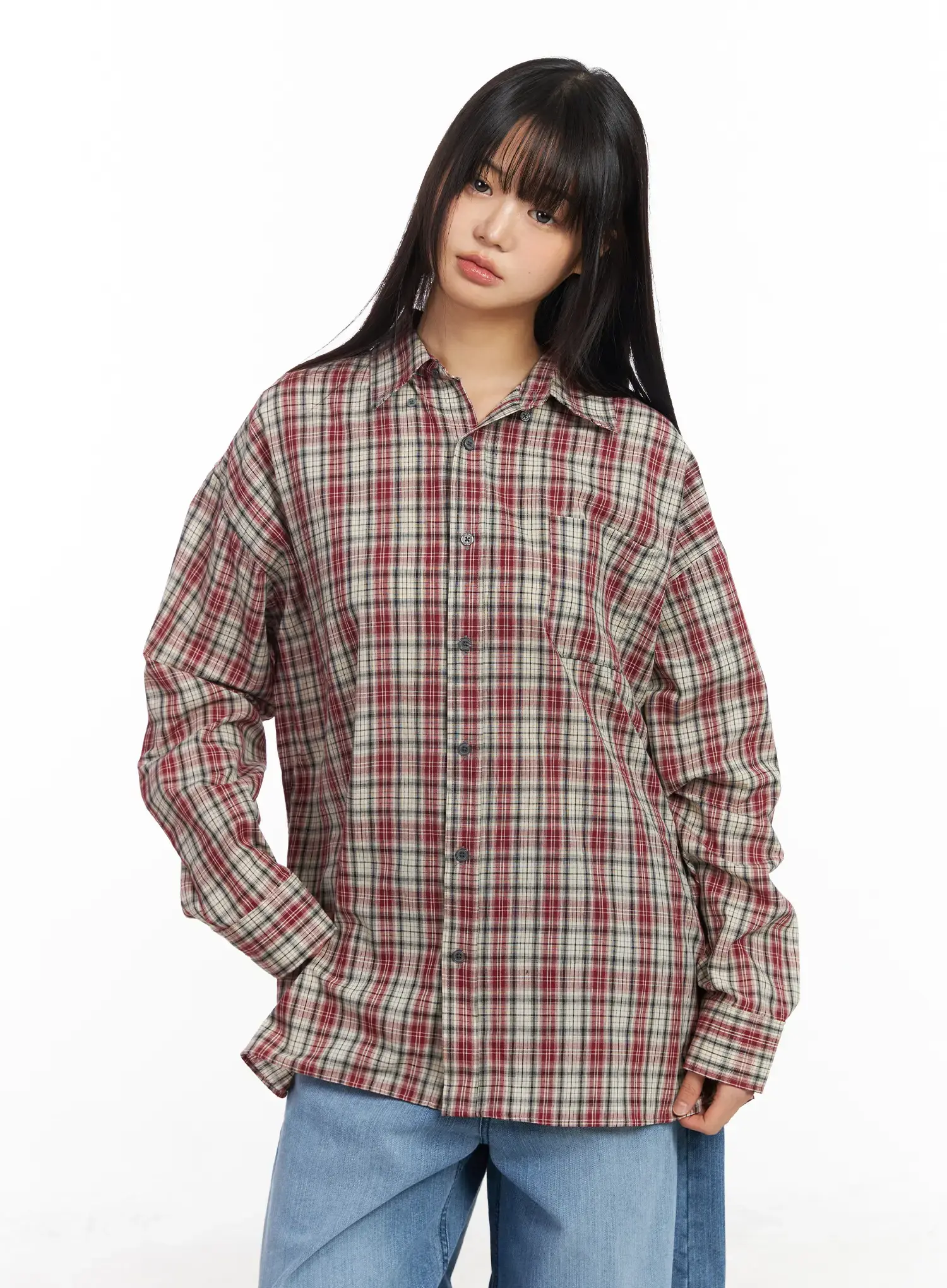 Oversized Plaid Long Sleeve Shirt CF506 - Image 5