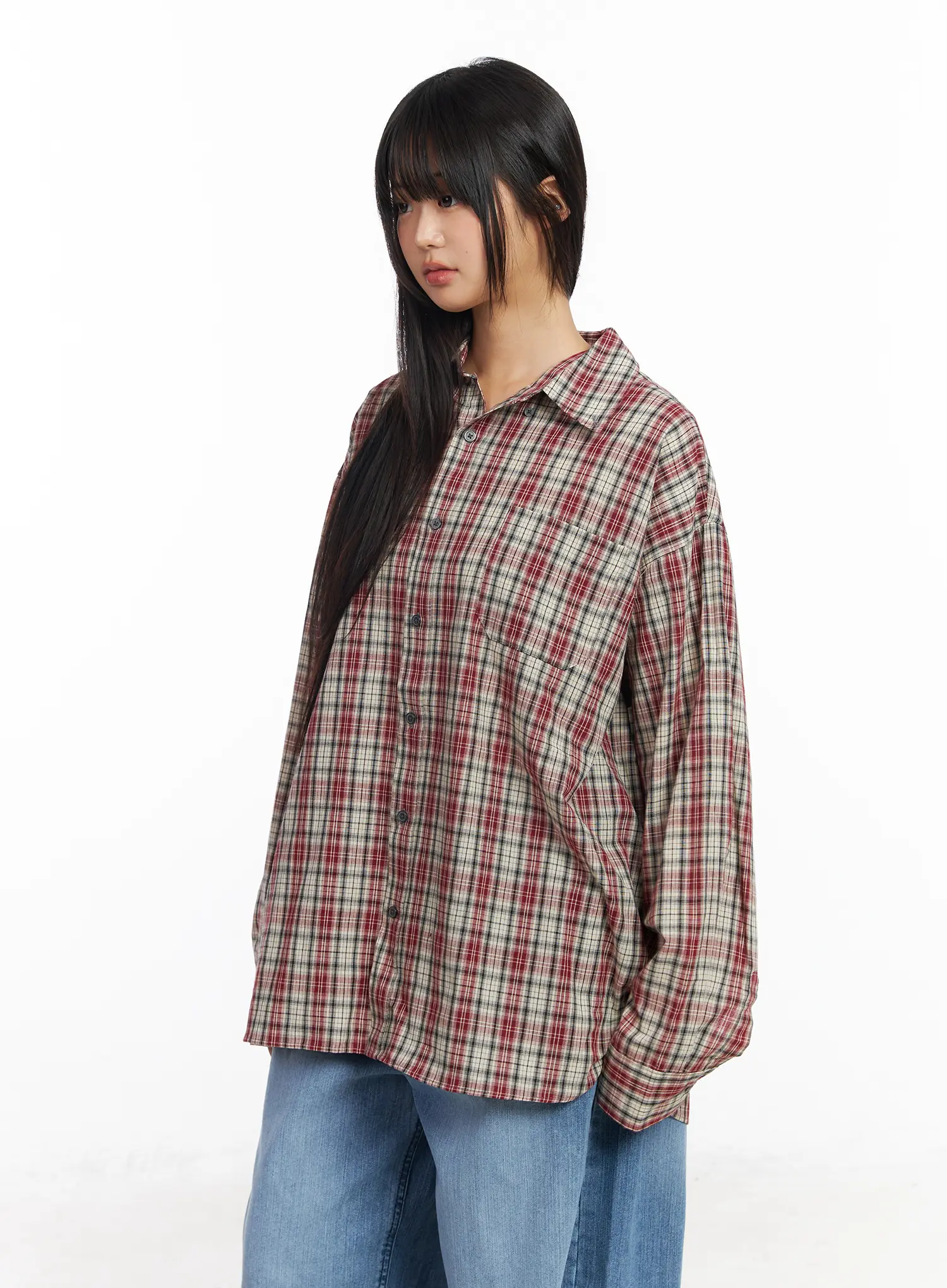 Oversized Plaid Long Sleeve Shirt CF506 - Image 7