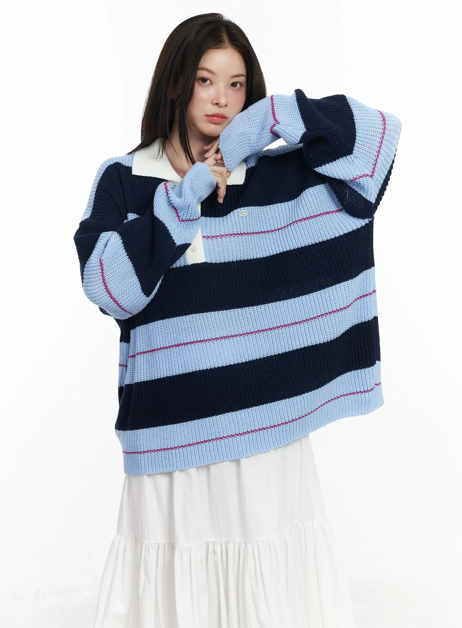 Oversized Striped Knit Pullover Sweater IF520 - Image 2