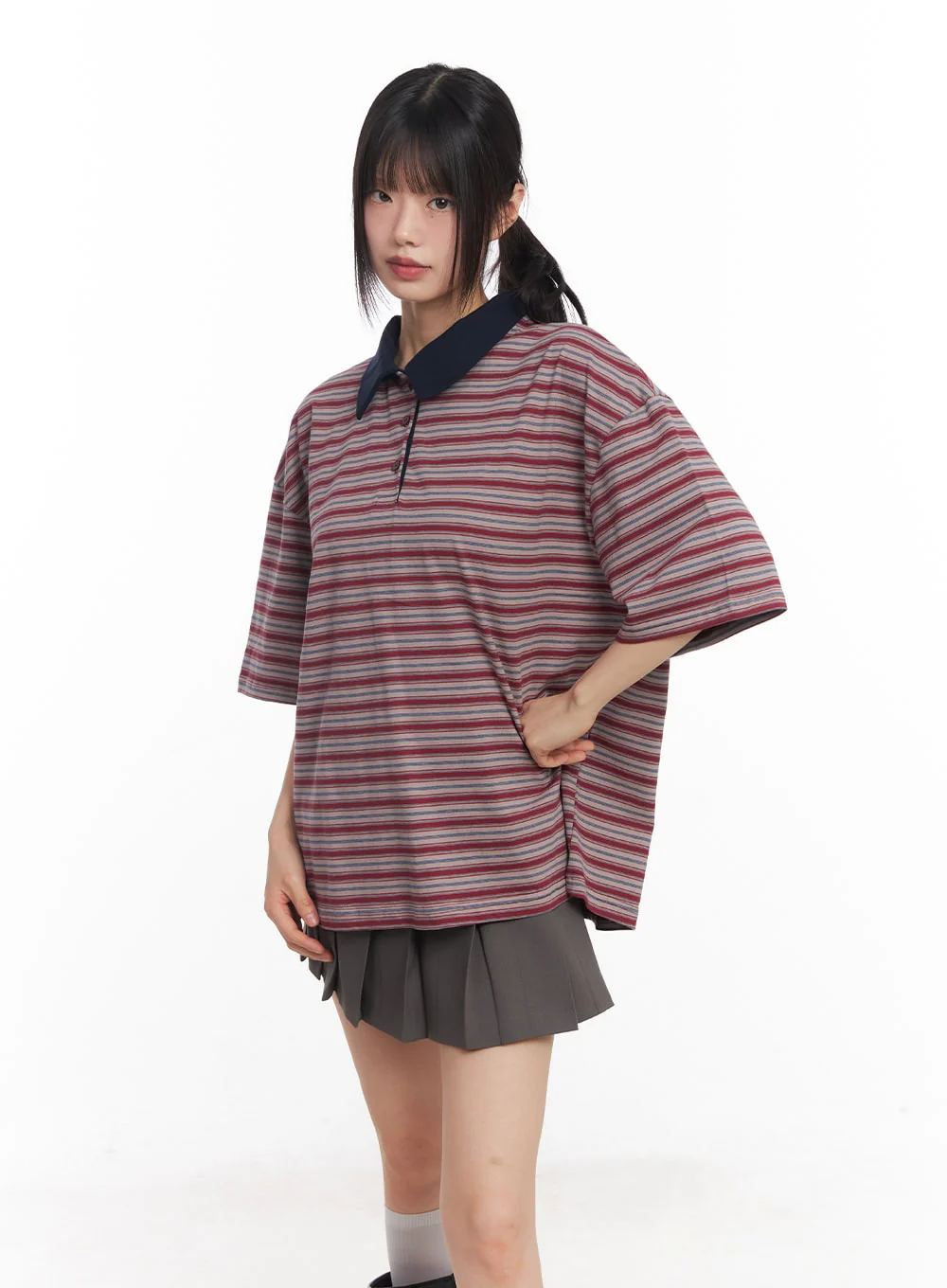 Oversized Striped Short Sleeve Polo Shirt CY514 - Image 10