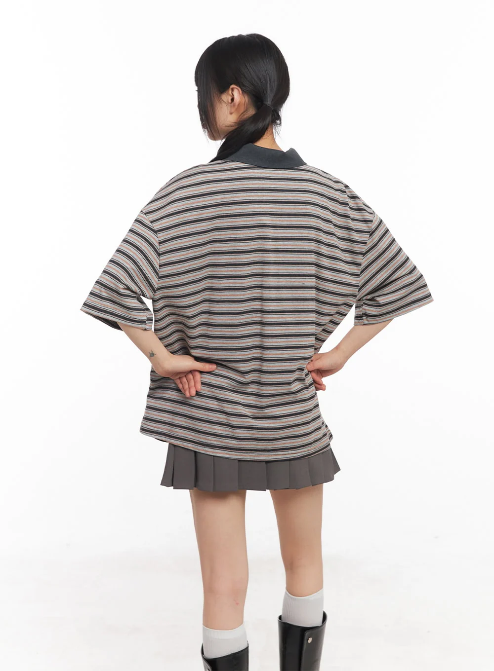 Oversized Striped Short Sleeve Polo Shirt CY514 - Image 4