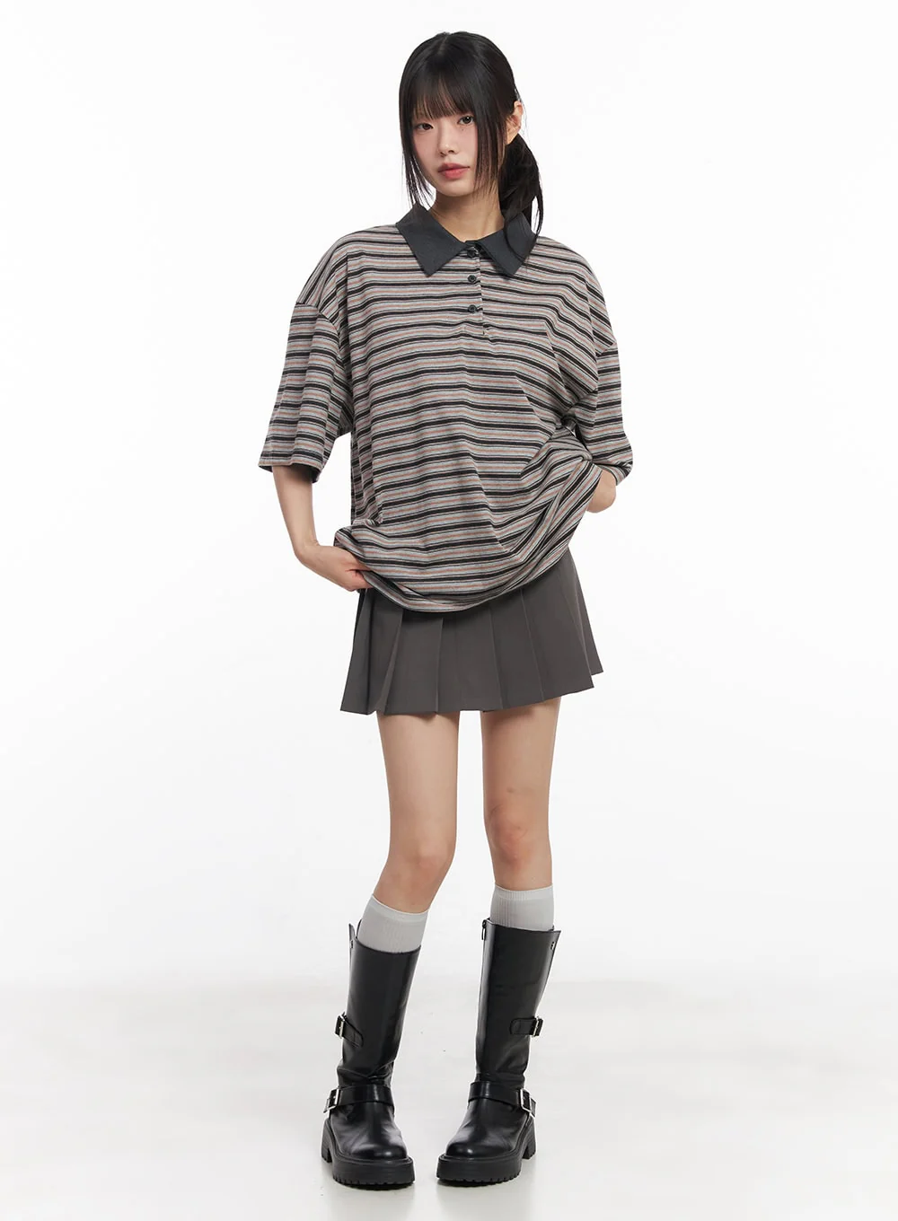 Oversized Striped Short Sleeve Polo Shirt CY514 - Image 5