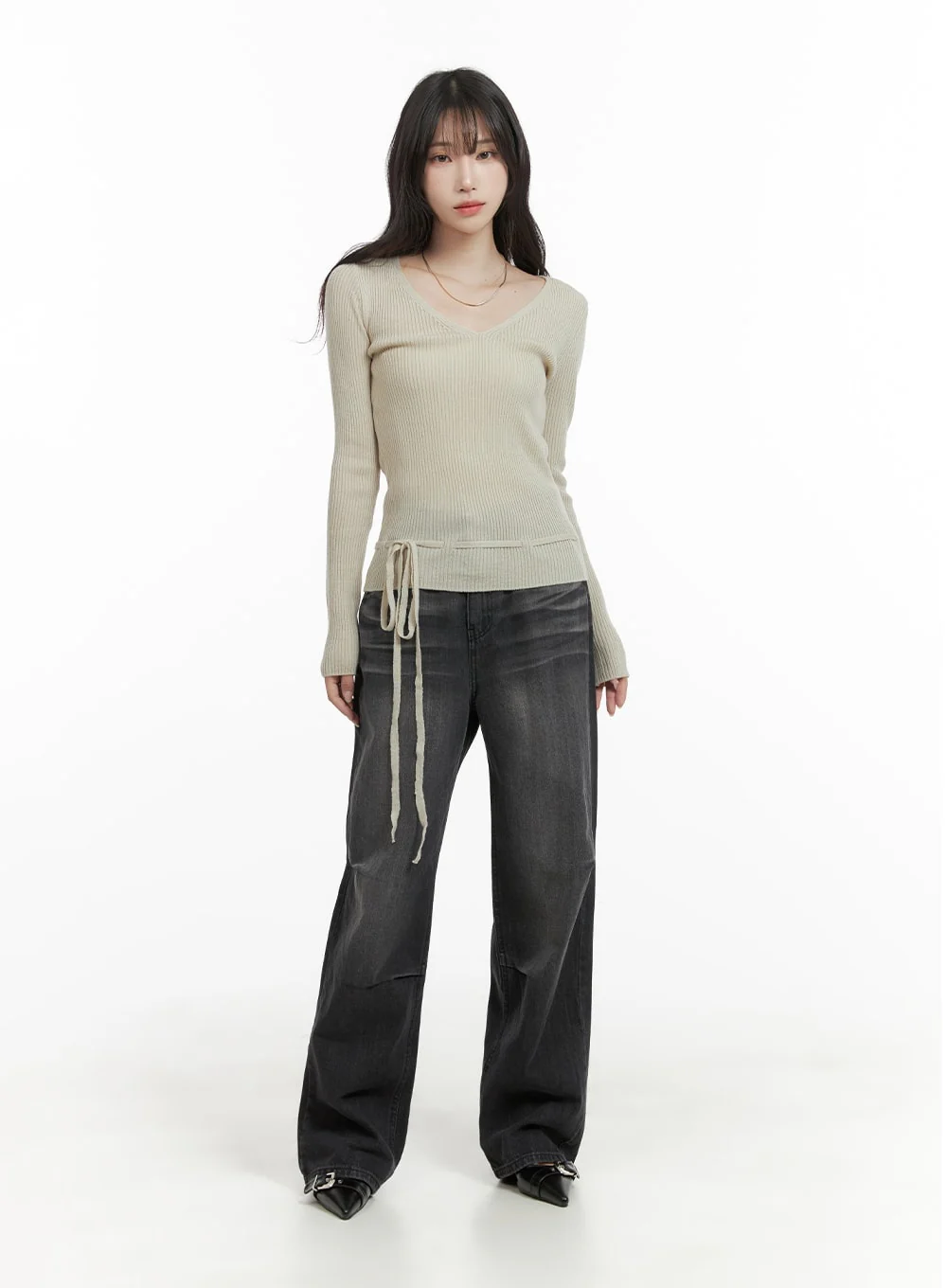 Pintuck Washed Wide Leg Jeans CA403 - Image 2