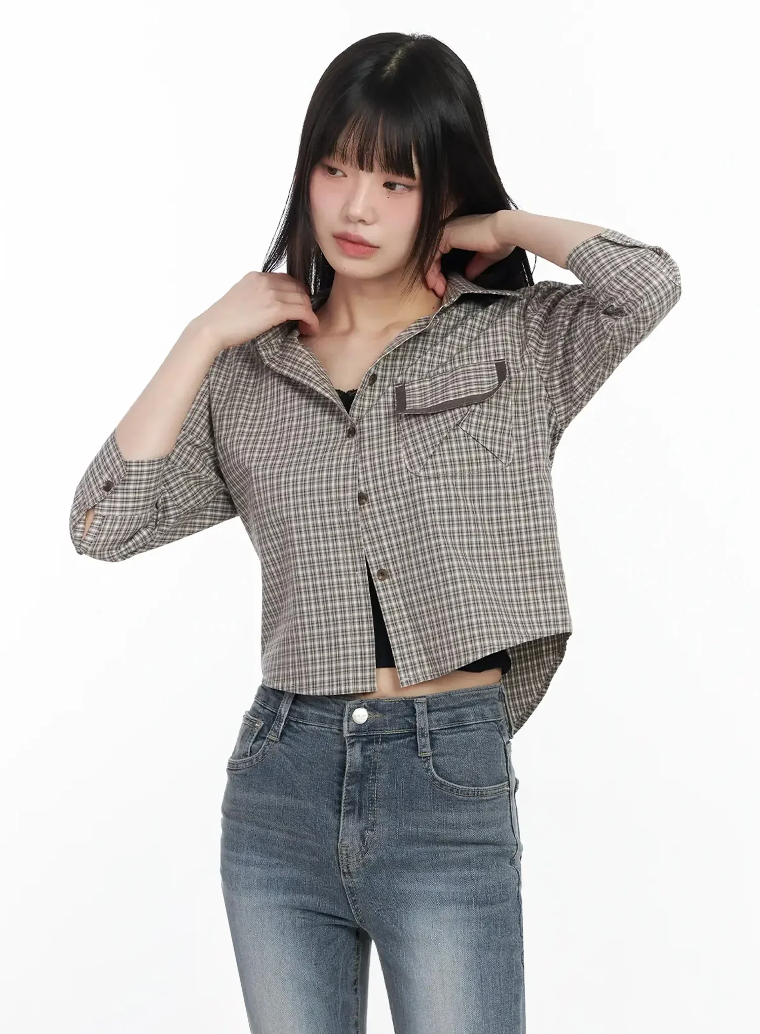 Plaid 3/4 Sleeve Shirt IM523 - Image 2