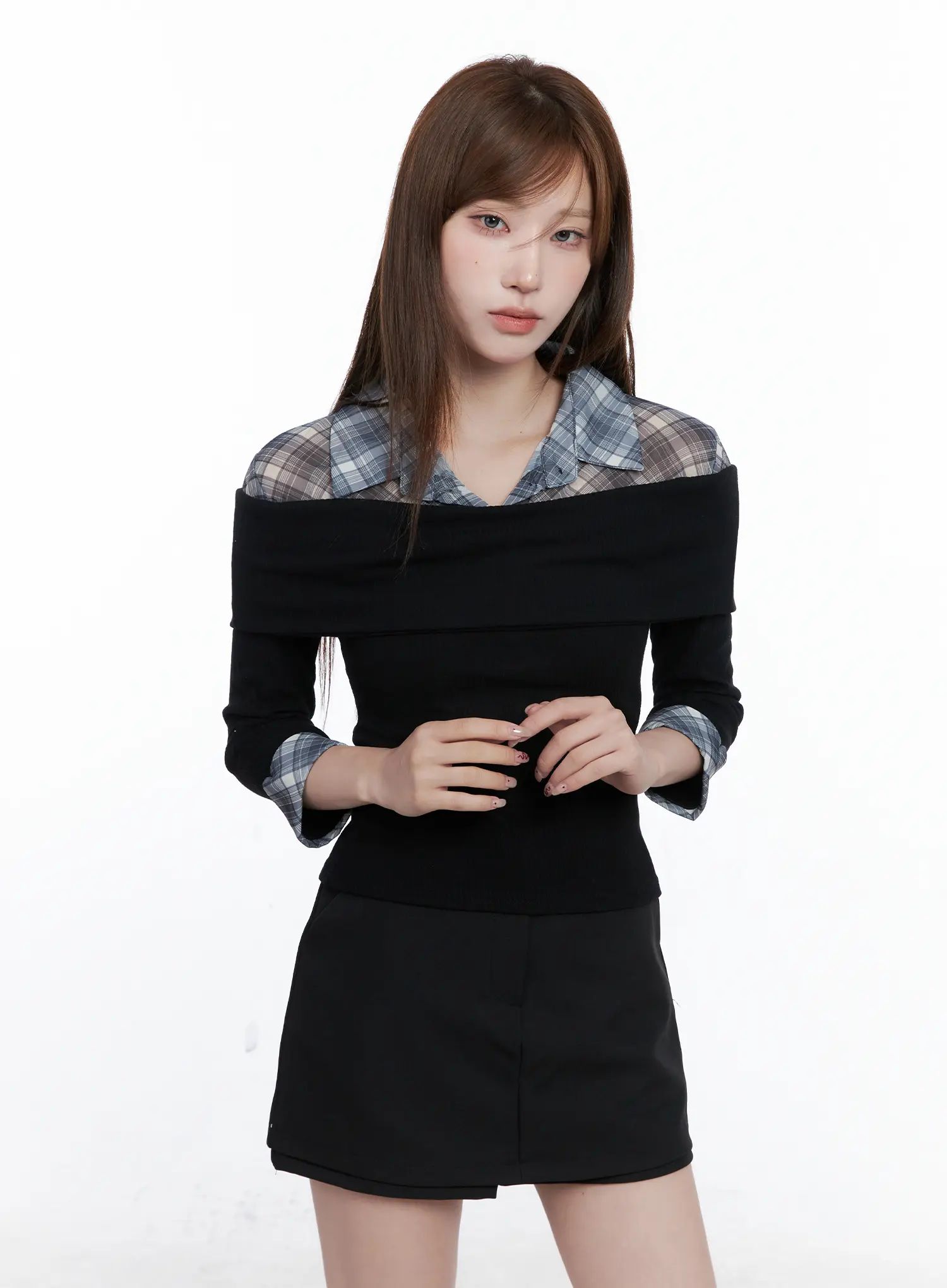 Plaid Collar Layered Long Sleeve Top CG529 - Image 2