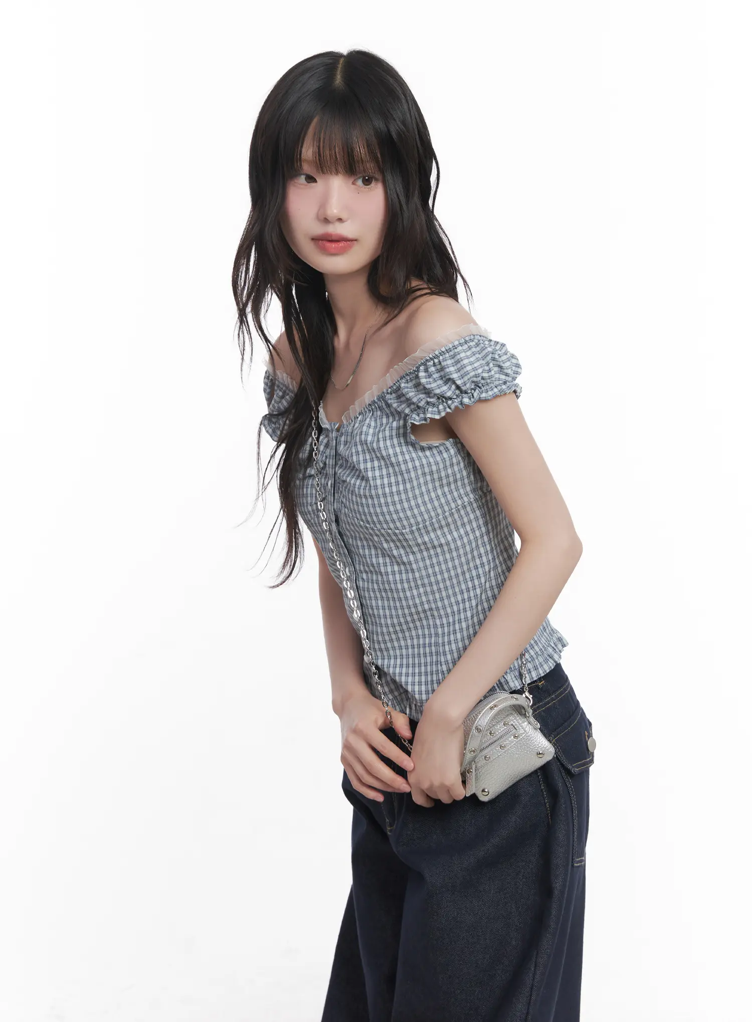 Plaid Frill Off-Shoulder Top CU519 - Image 10