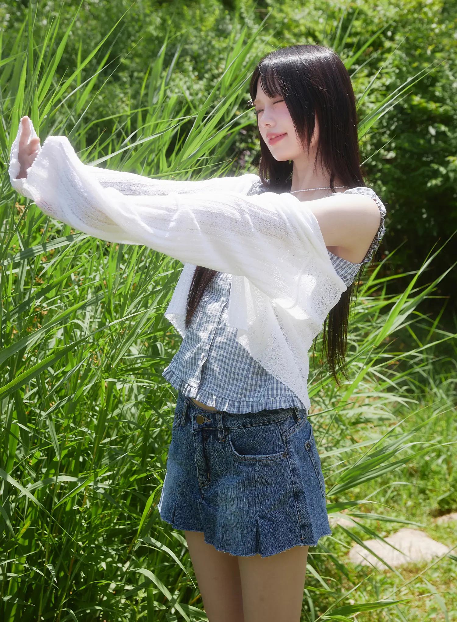 Plaid Frill Off-Shoulder Top CU519 - Image 12