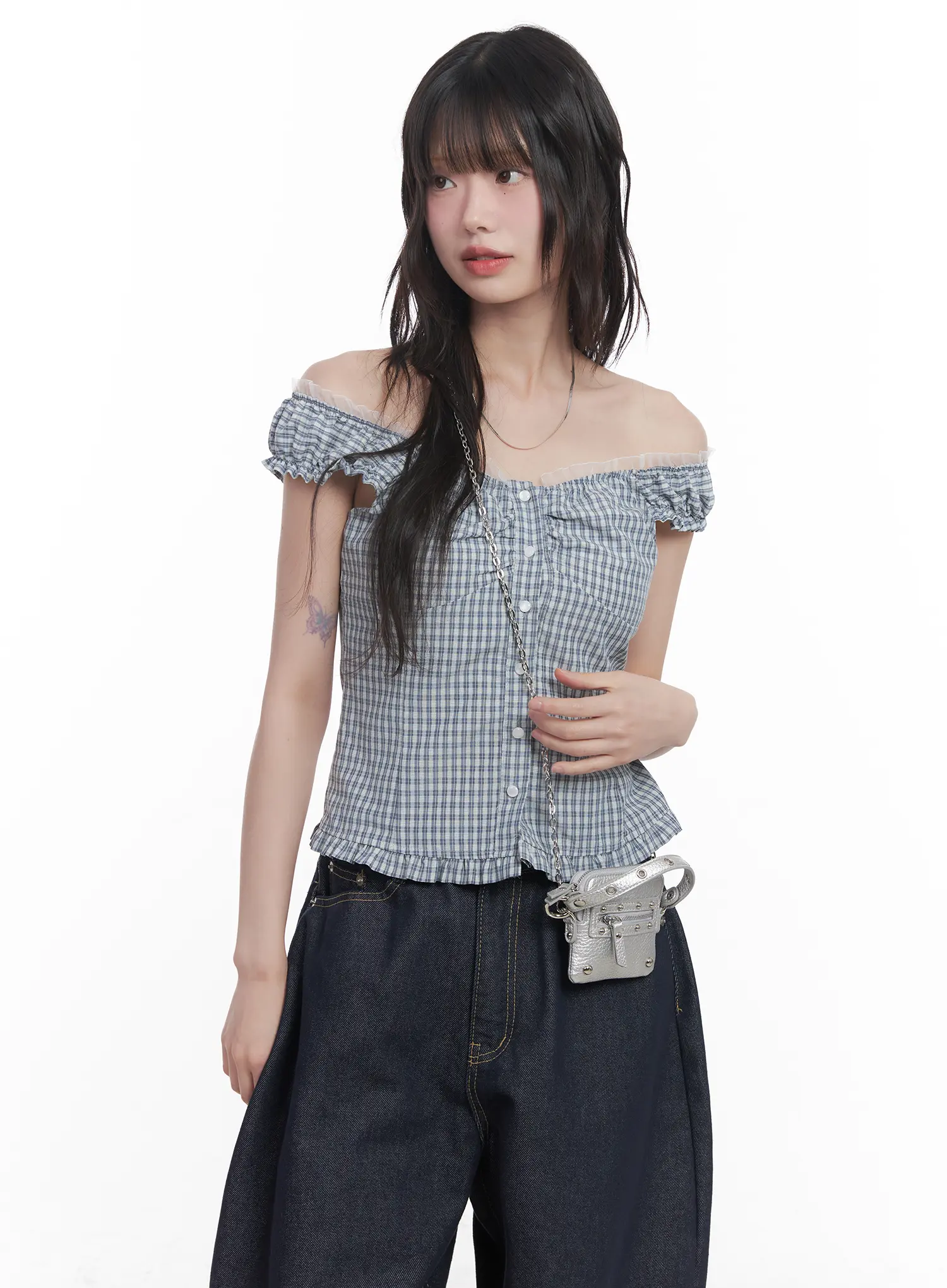 Plaid Frill Off-Shoulder Top CU519 - Image 2