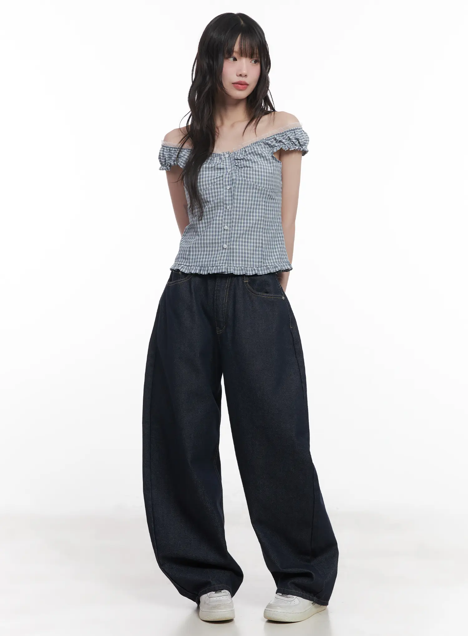 Plaid Frill Off-Shoulder Top CU519 - Image 3