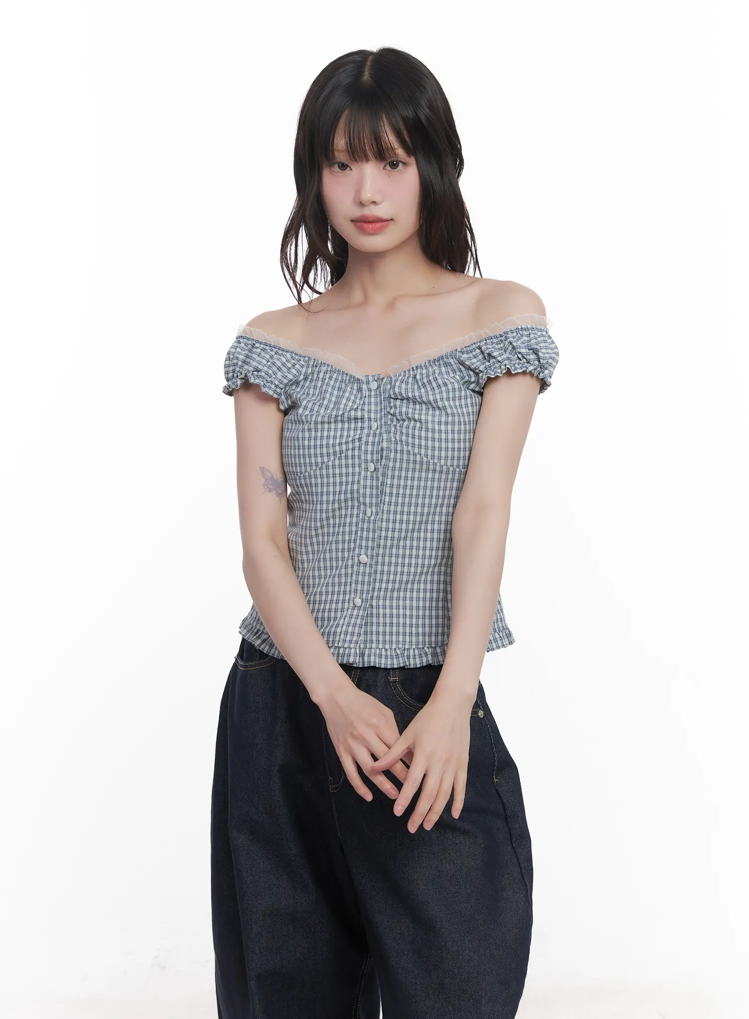 Plaid Frill Off-Shoulder Top CU519 - Image 4