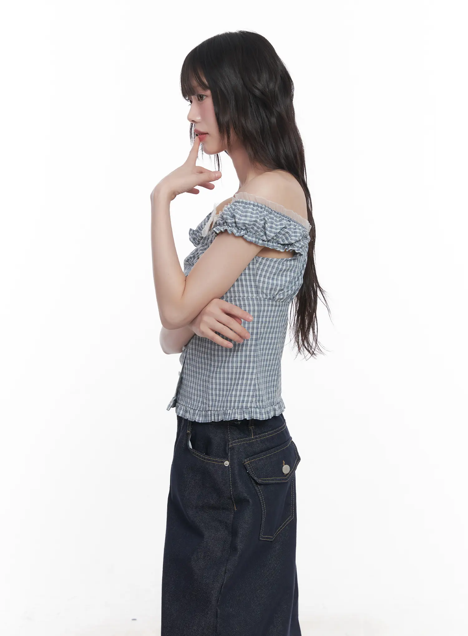 Plaid Frill Off-Shoulder Top CU519 - Image 7