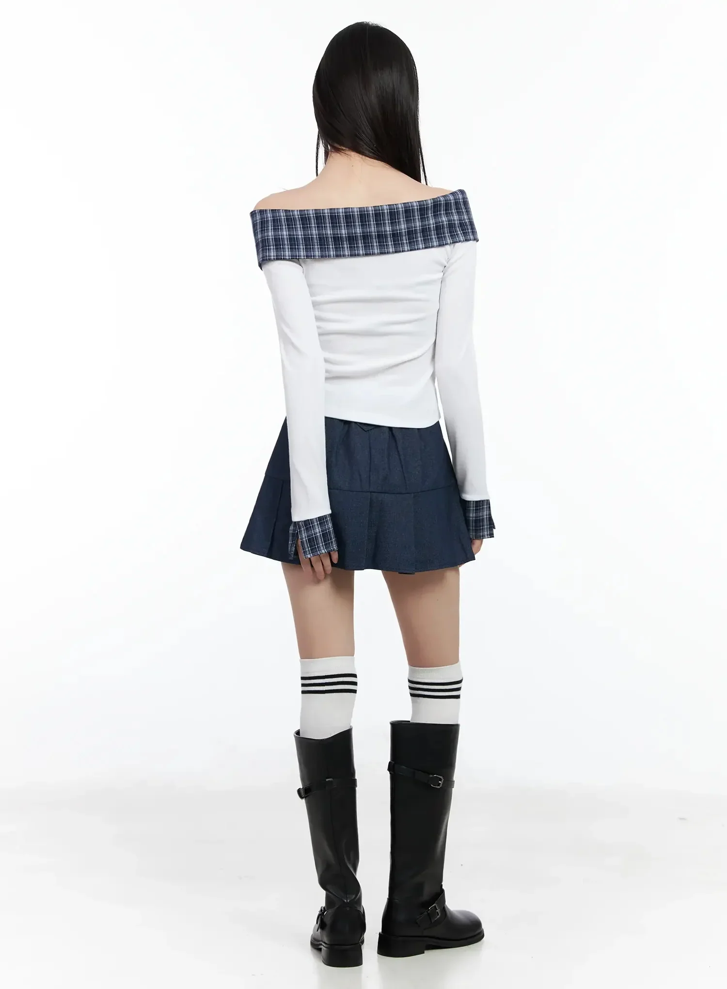 Plaid Off-Shoulder Long Sleeve Top IM523 - Image 11