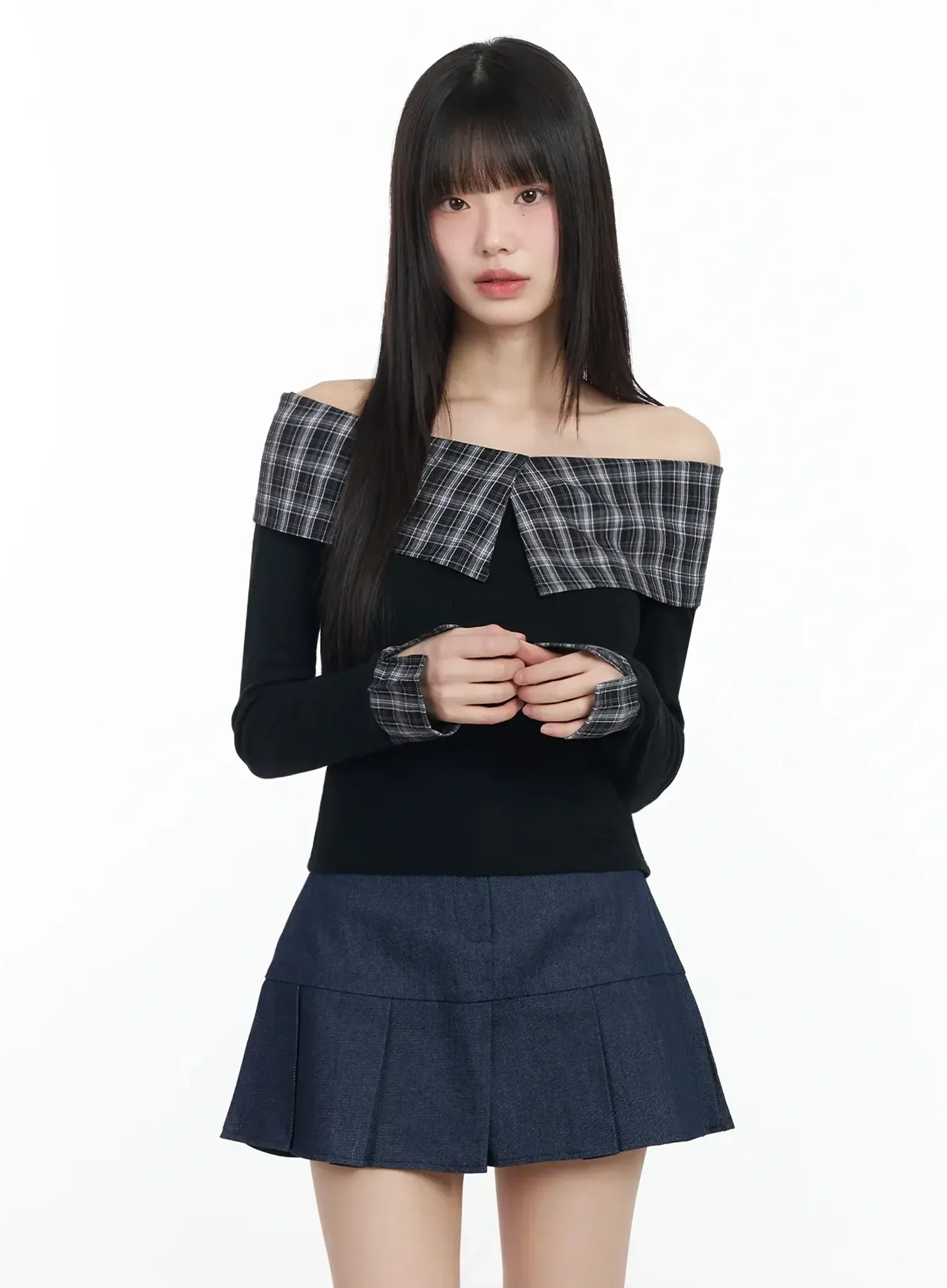 Plaid Off-Shoulder Long Sleeve Top IM523 - Image 2