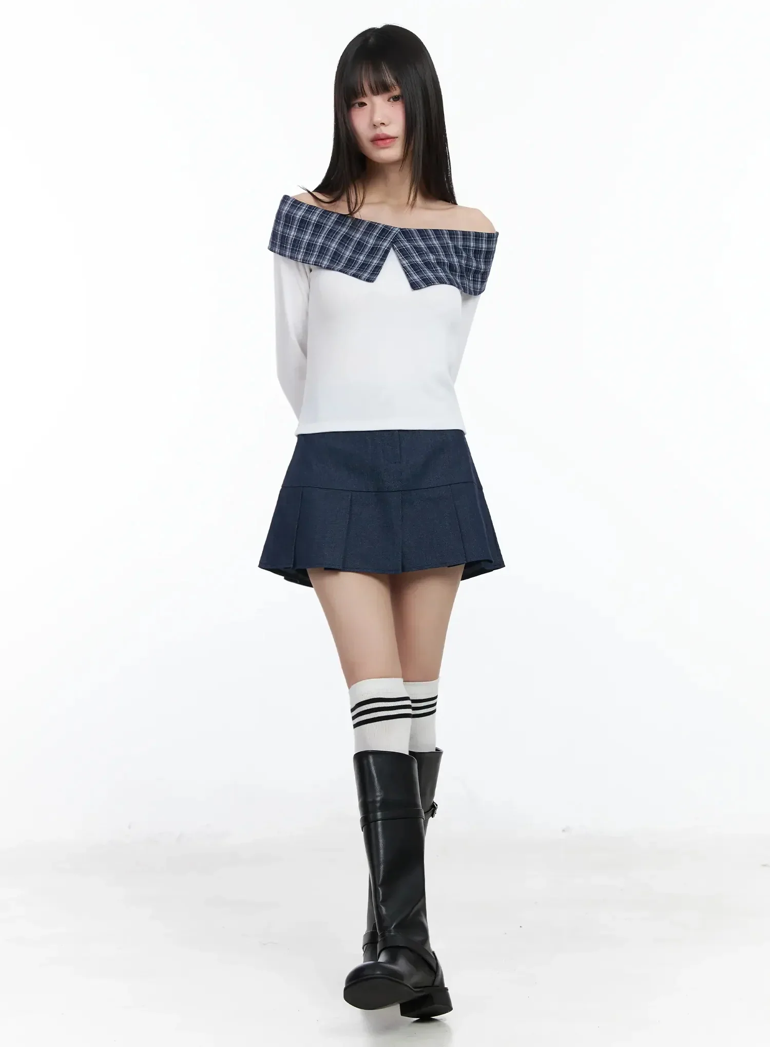 Plaid Off-Shoulder Long Sleeve Top IM523 - Image 6