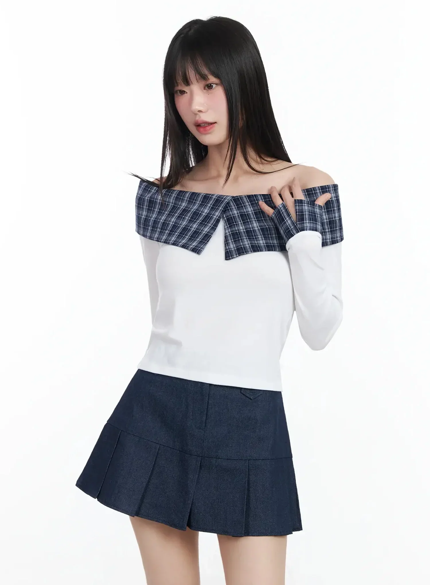 Plaid Off-Shoulder Long Sleeve Top IM523 - Image 7