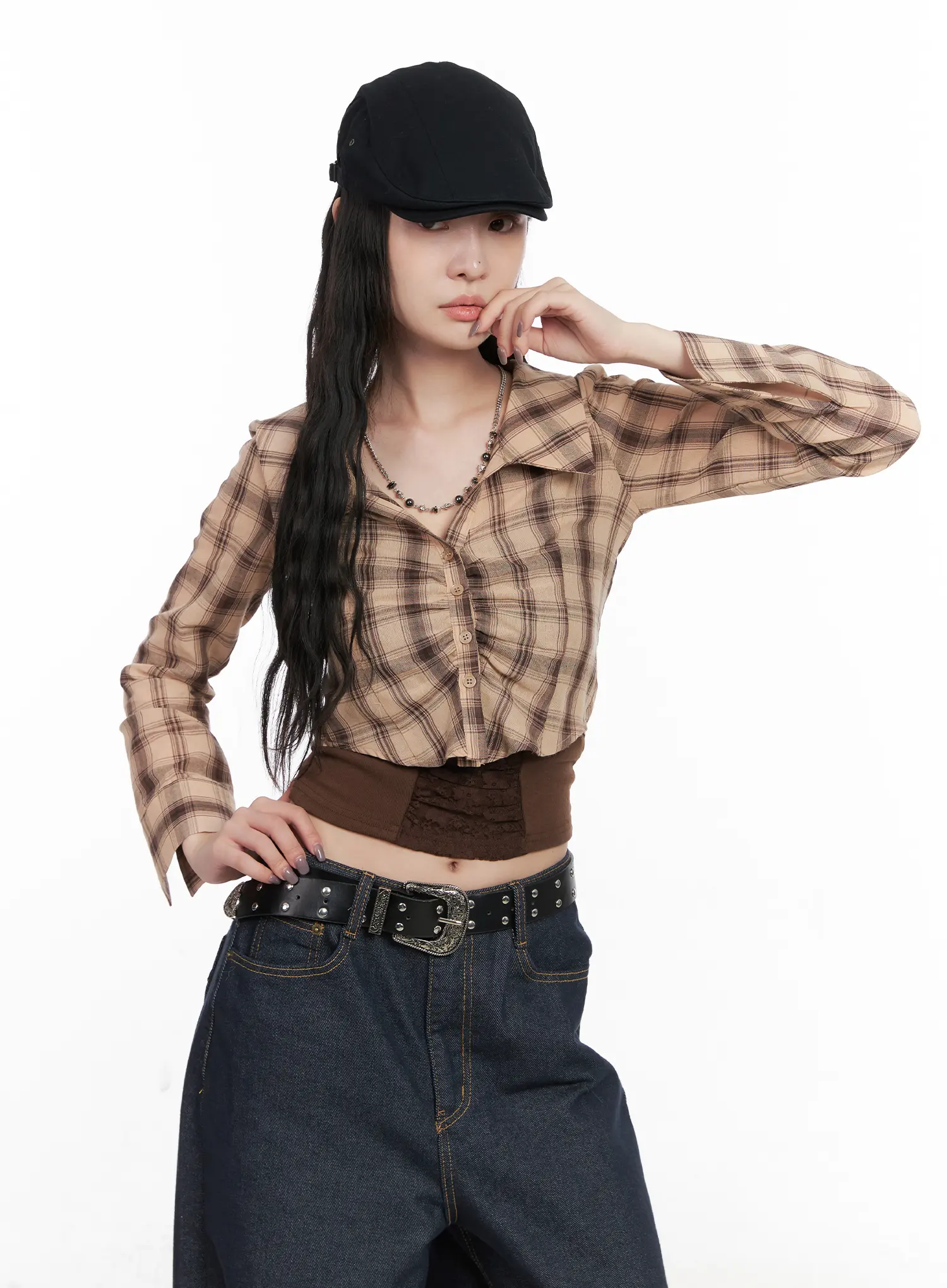 Plaid Shirred Crop Long Sleeve Shirt CN513 - Image 2