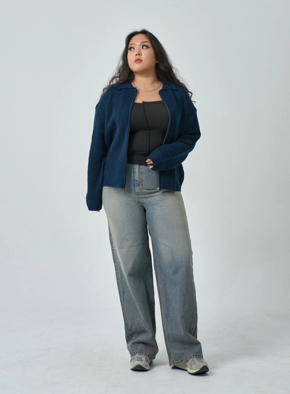 Plus Waffle Pattern Collared Two Way Zip-Up Knit - Image 5