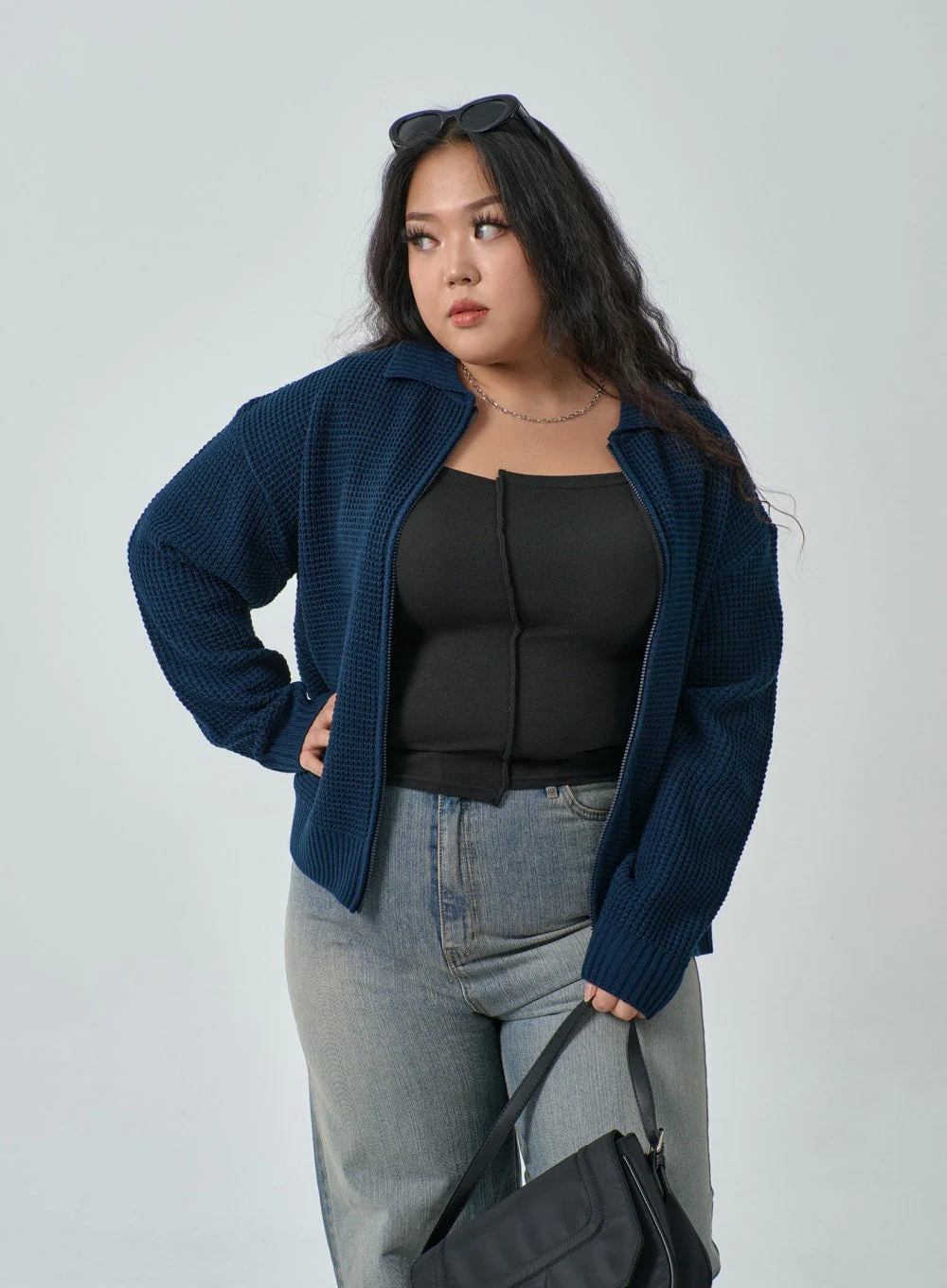 Plus Waffle Pattern Collared Two Way Zip-Up Knit - Image 7