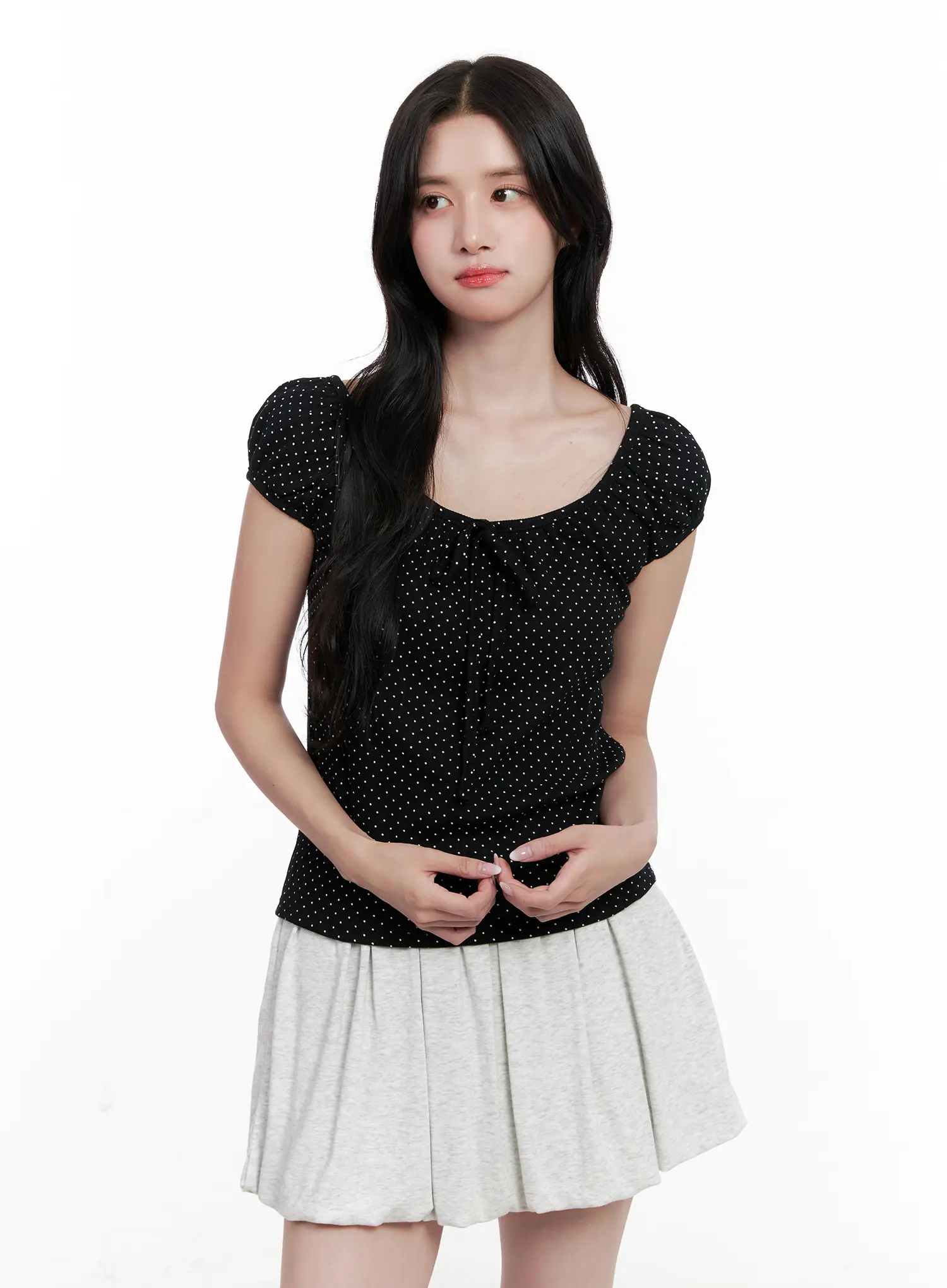 Polka Dot Puff-Sleeve Ribbon Top CL516 - Image 11