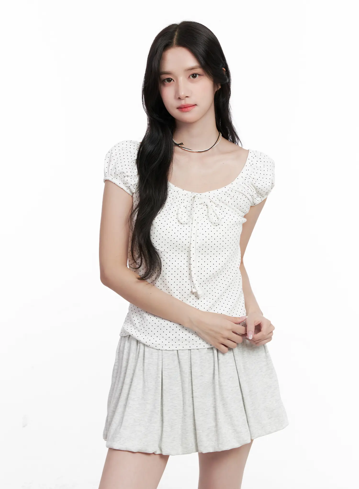 Polka Dot Puff-Sleeve Ribbon Top CL516 - Image 12