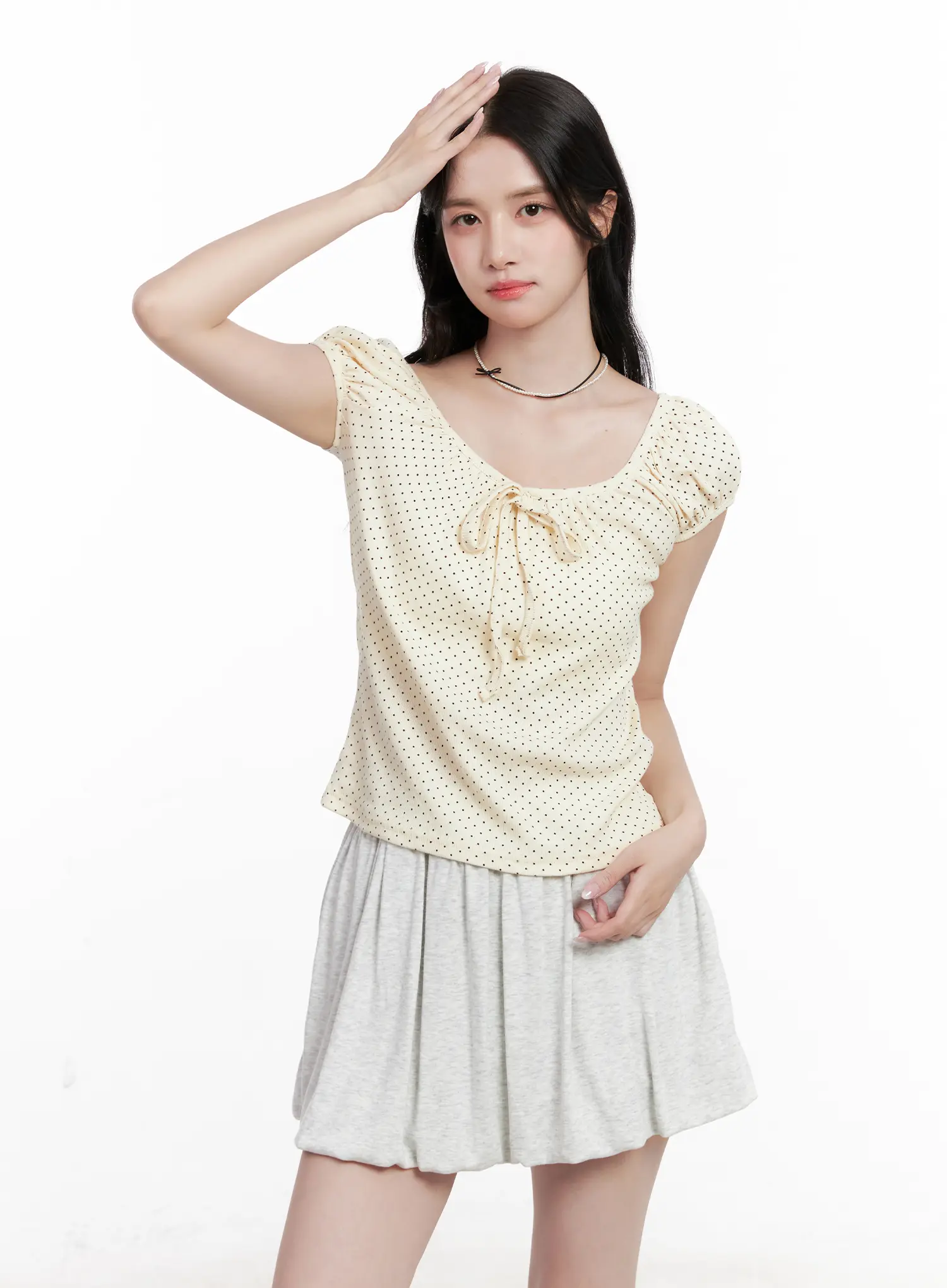 Polka Dot Puff-Sleeve Ribbon Top CL516 - Image 13