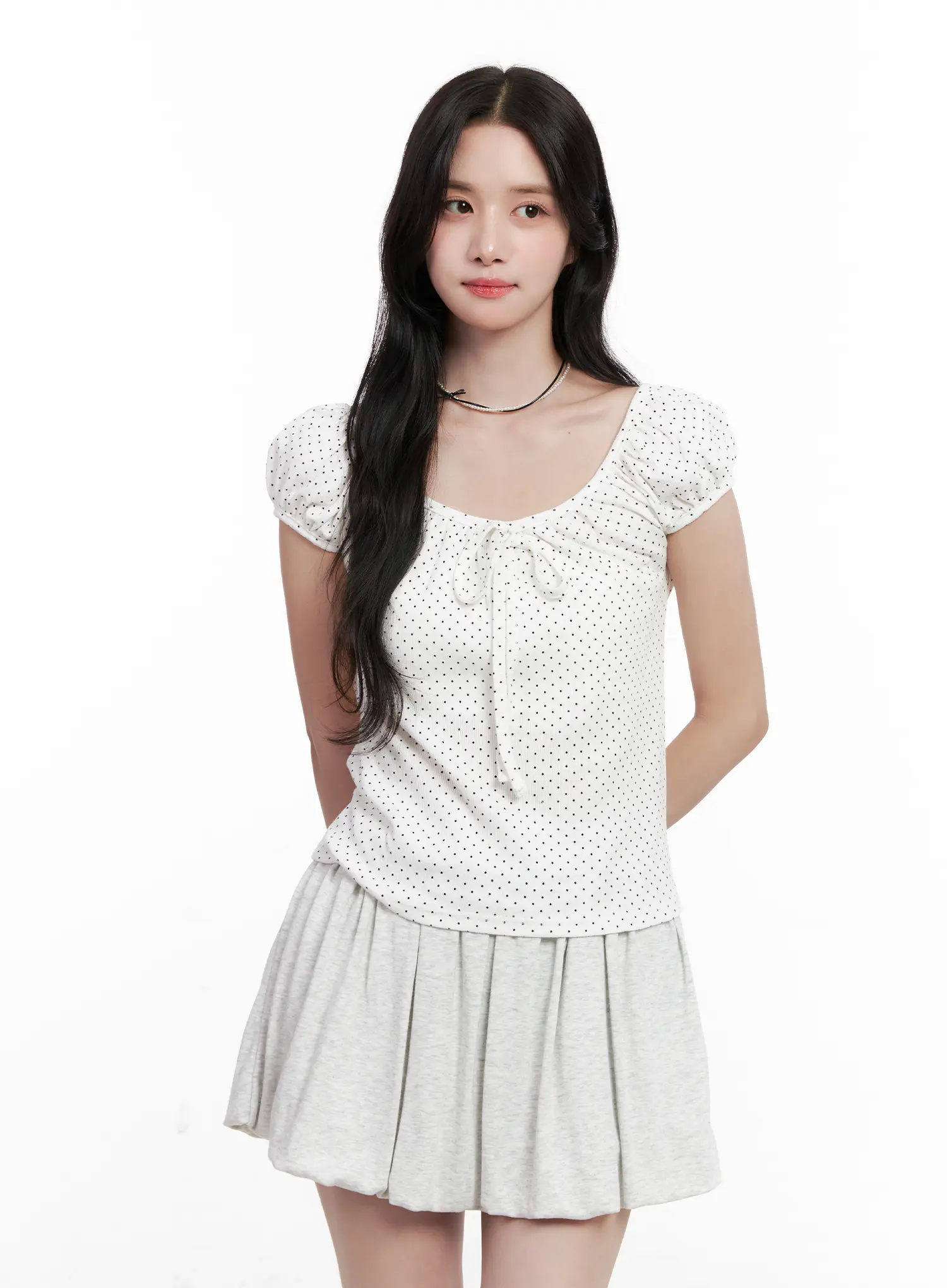 Polka Dot Puff-Sleeve Ribbon Top CL516 - Image 2