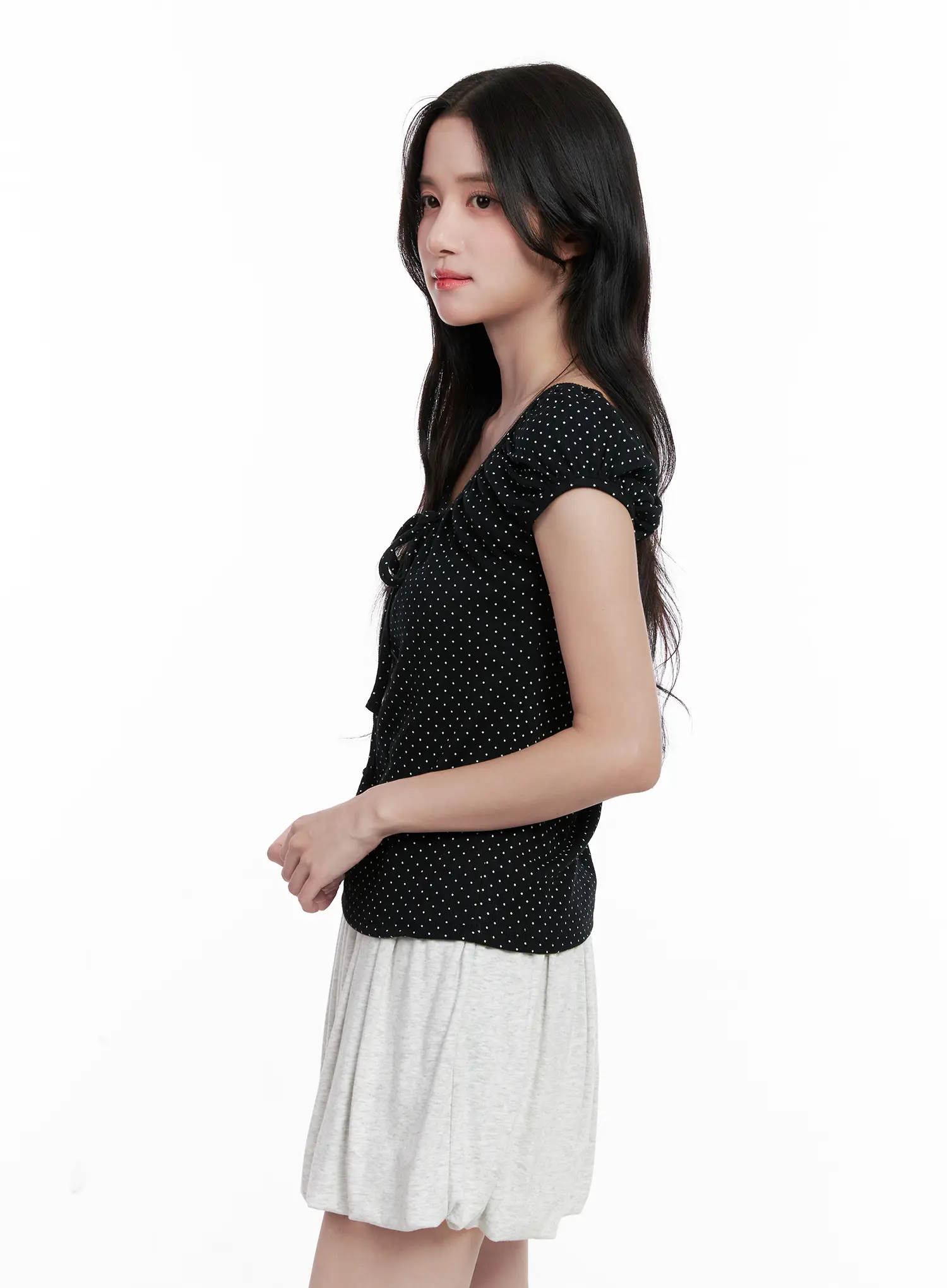 Polka Dot Puff-Sleeve Ribbon Top CL516 - Image 6