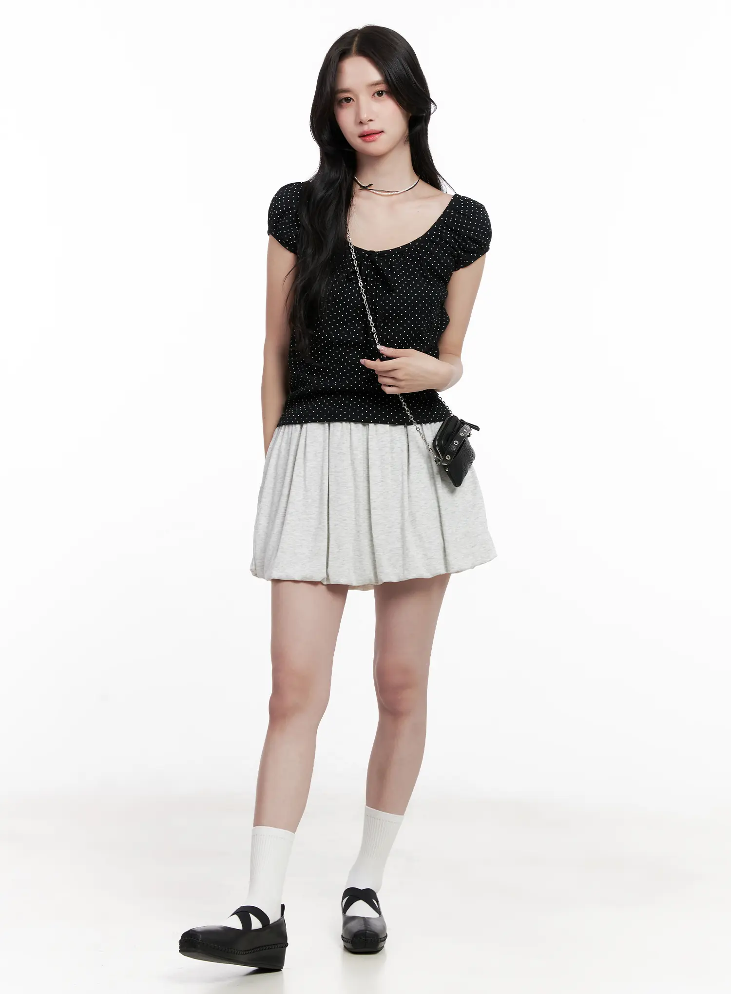 Polka Dot Puff-Sleeve Ribbon Top CL516 - Image 8