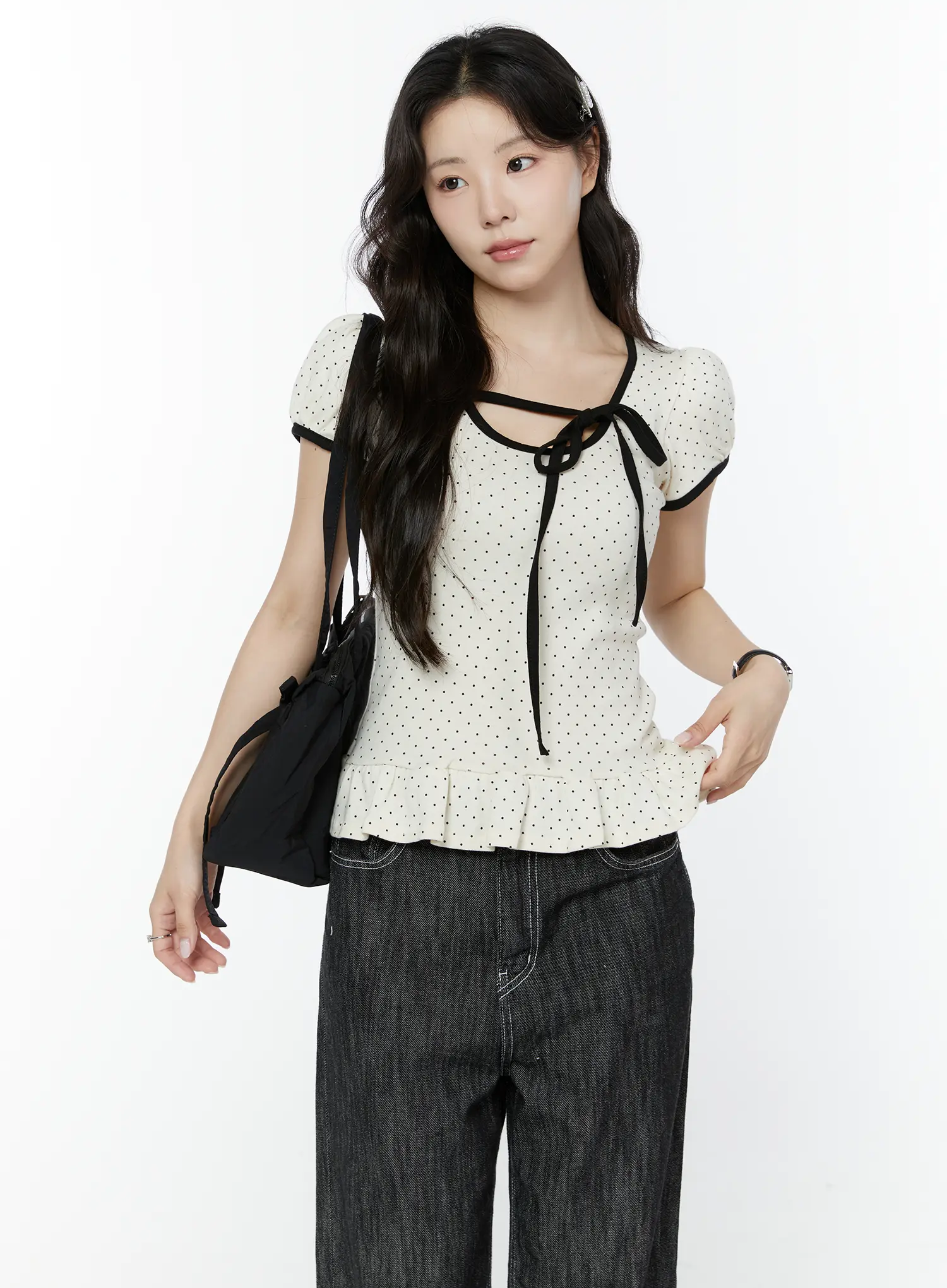 Polka Dot Puff Sleeve Ribbon Top IY507