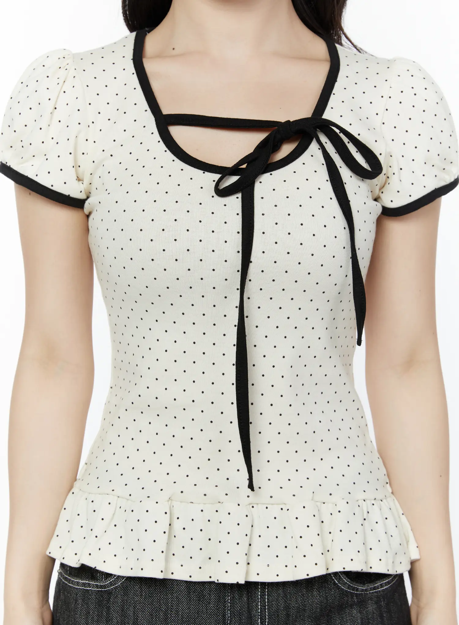 Polka Dot Puff Sleeve Ribbon Top IY507 - Image 6