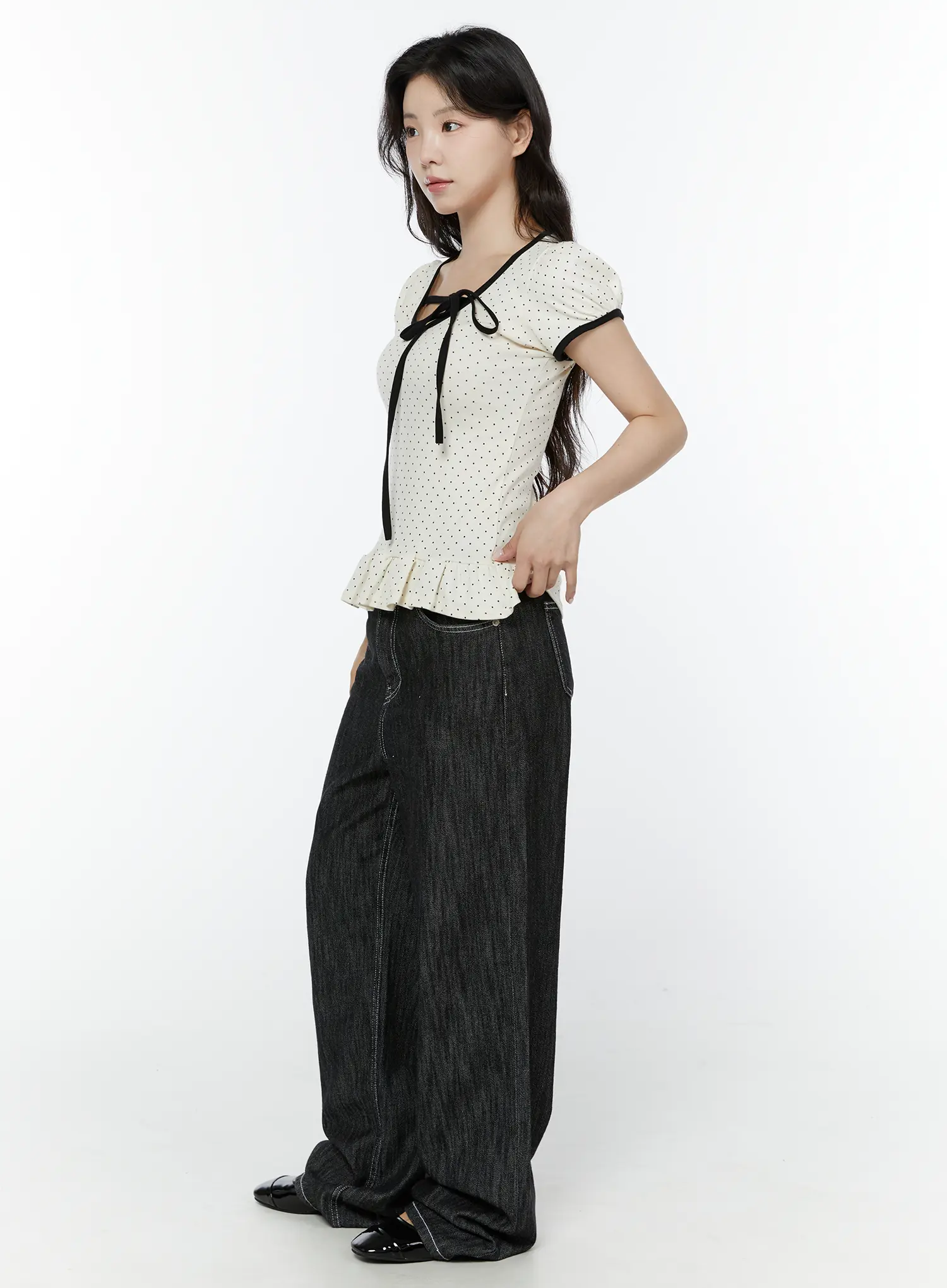 Polka Dot Puff Sleeve Ribbon Top IY507 - Image 8