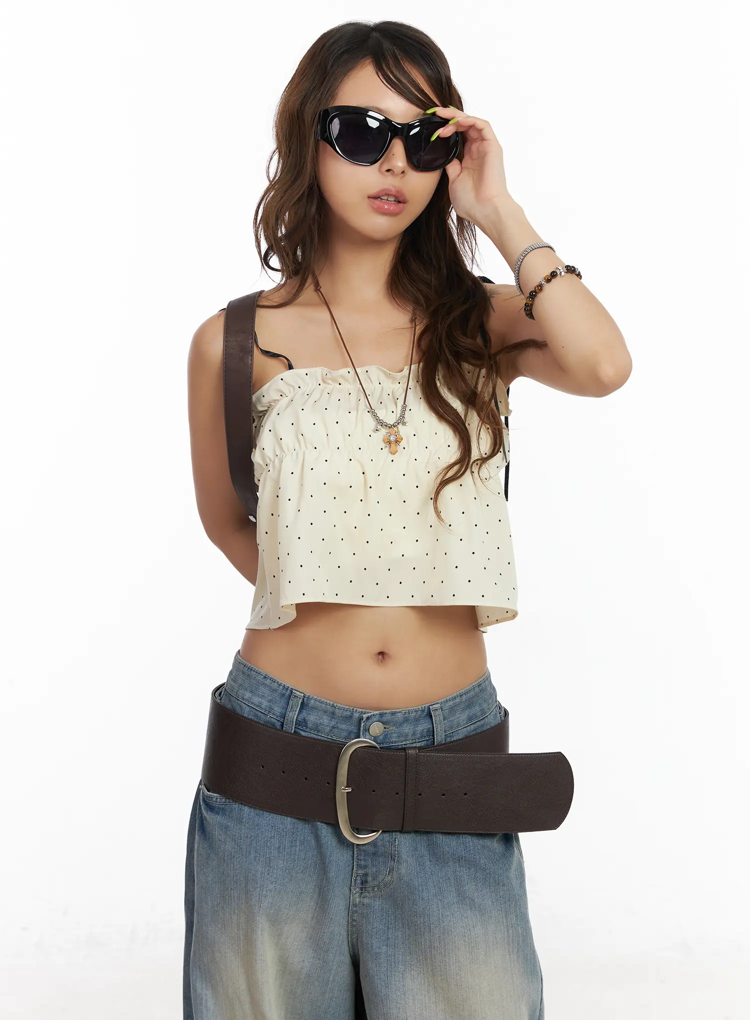 Polka Dot Shirred Ribbon Tie Cami Top CM520