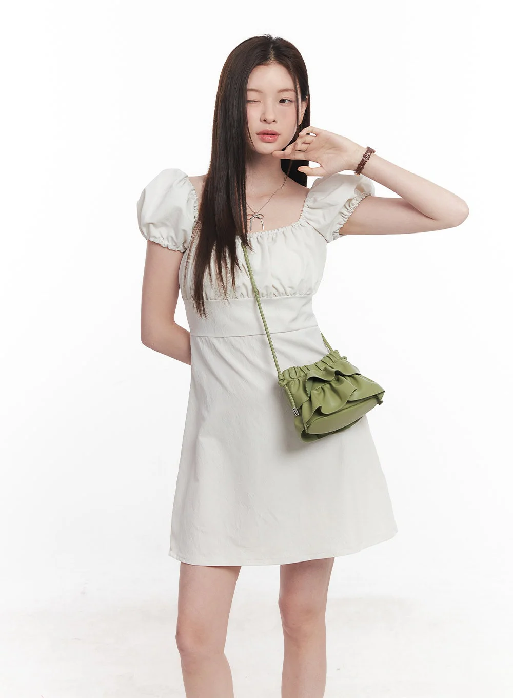 Puff-Sleeve Shirring Mini Dress CY515 - Image 2