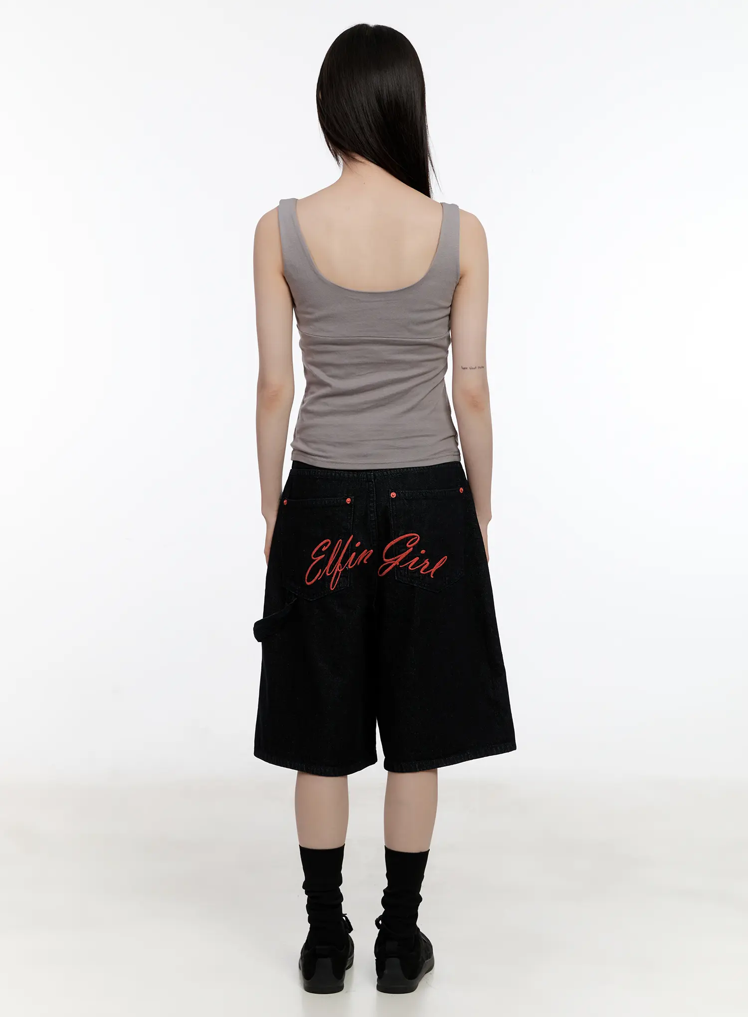 Red Text Graphic Embroidered Jorts CL504 - Image 9