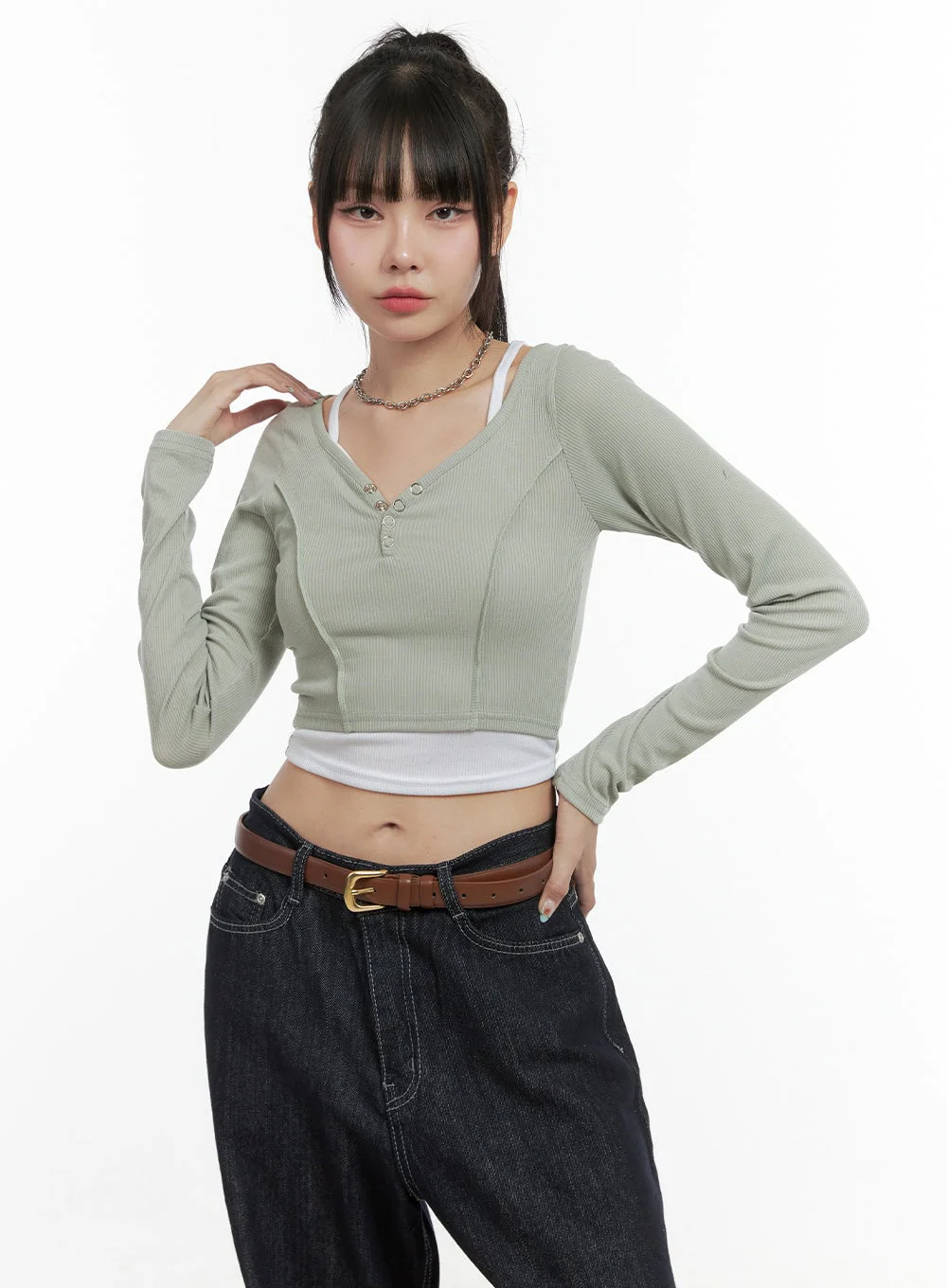 Ribbed Button V-Neck Crop Top OS410 - Image 2