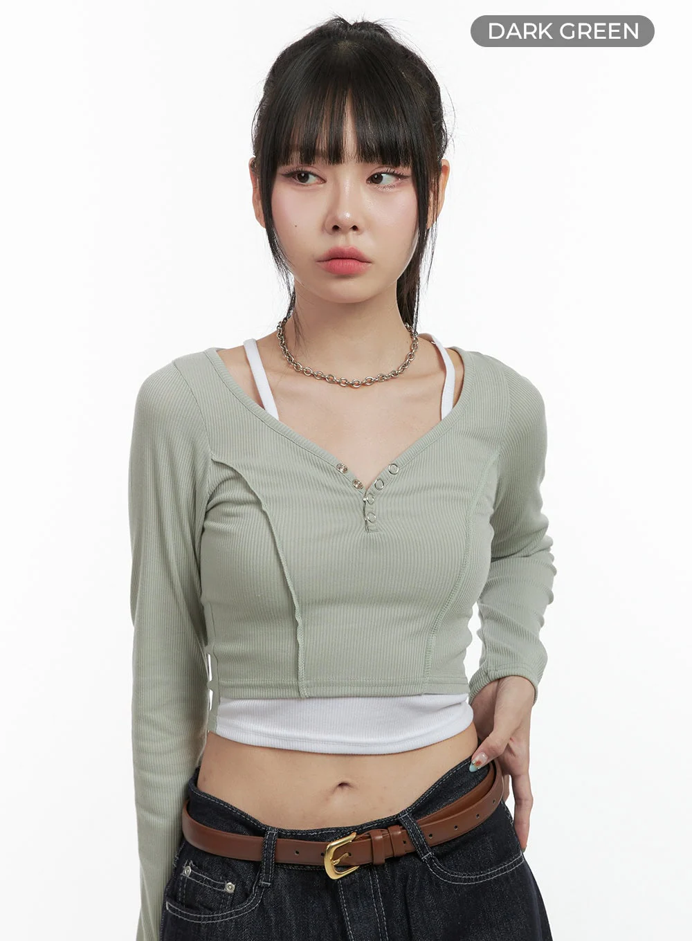 Ribbed Button V-Neck Crop Top OS410 - Image 7