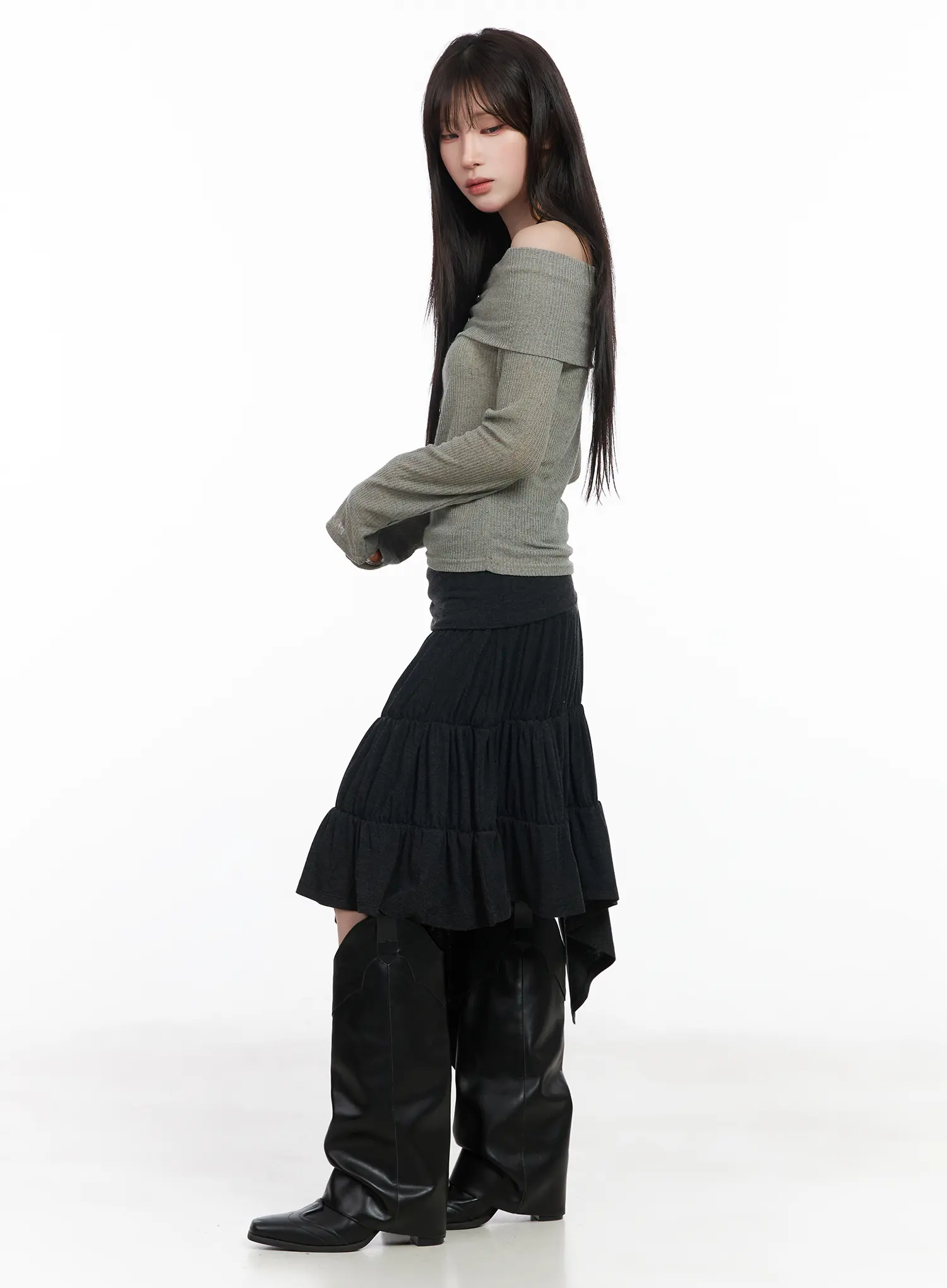 Ribbed Off-Shoulder Long Sleeve Top CF523 - Image 3