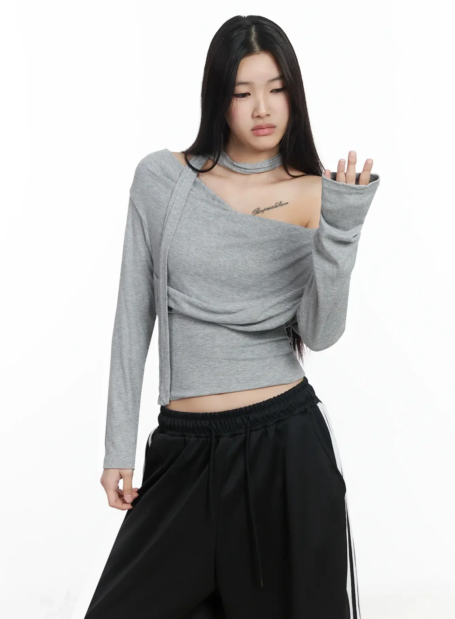 Ribbed Off-Shoulder Top and Scarf Set IM506 - Image 12