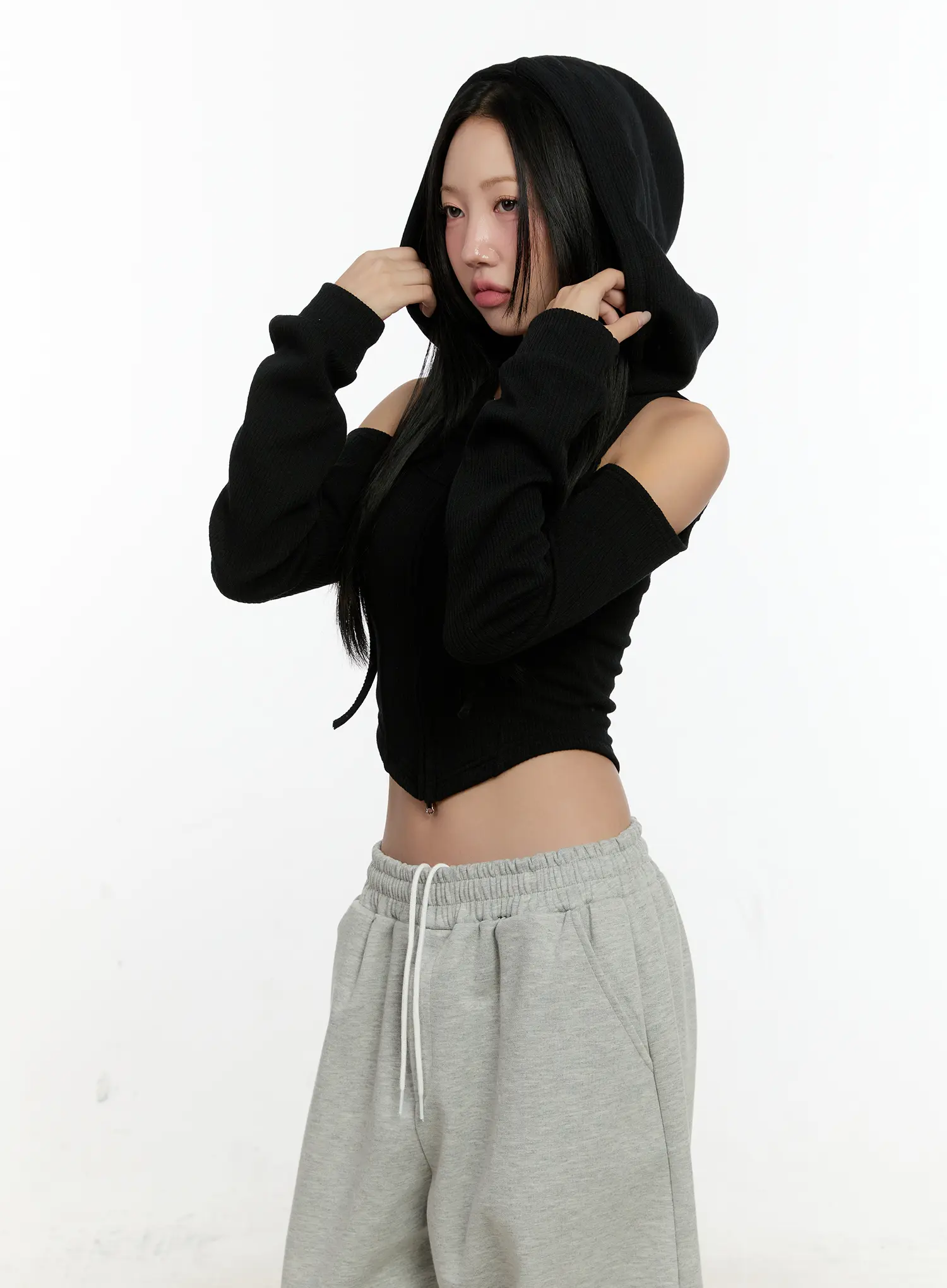 Ribbed Shoulder Cut-Out Hoodie CN506 - Image 2
