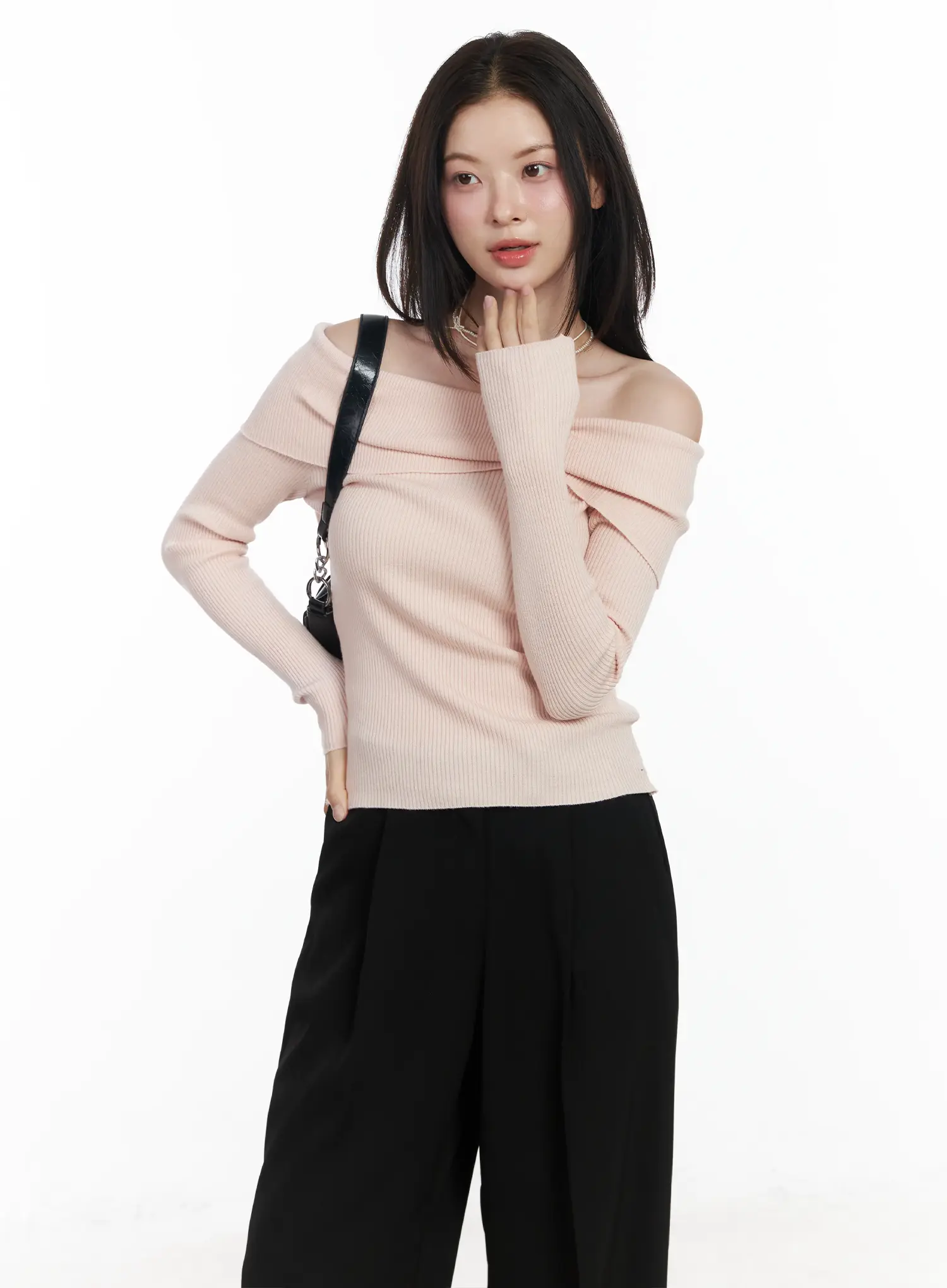 Ribbon Off-Shoulder Knit Long Sleeve Top IF520