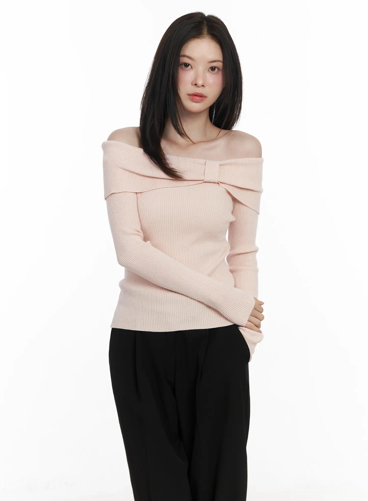 Ribbon Off-Shoulder Knit Long Sleeve Top IF520 - Image 10