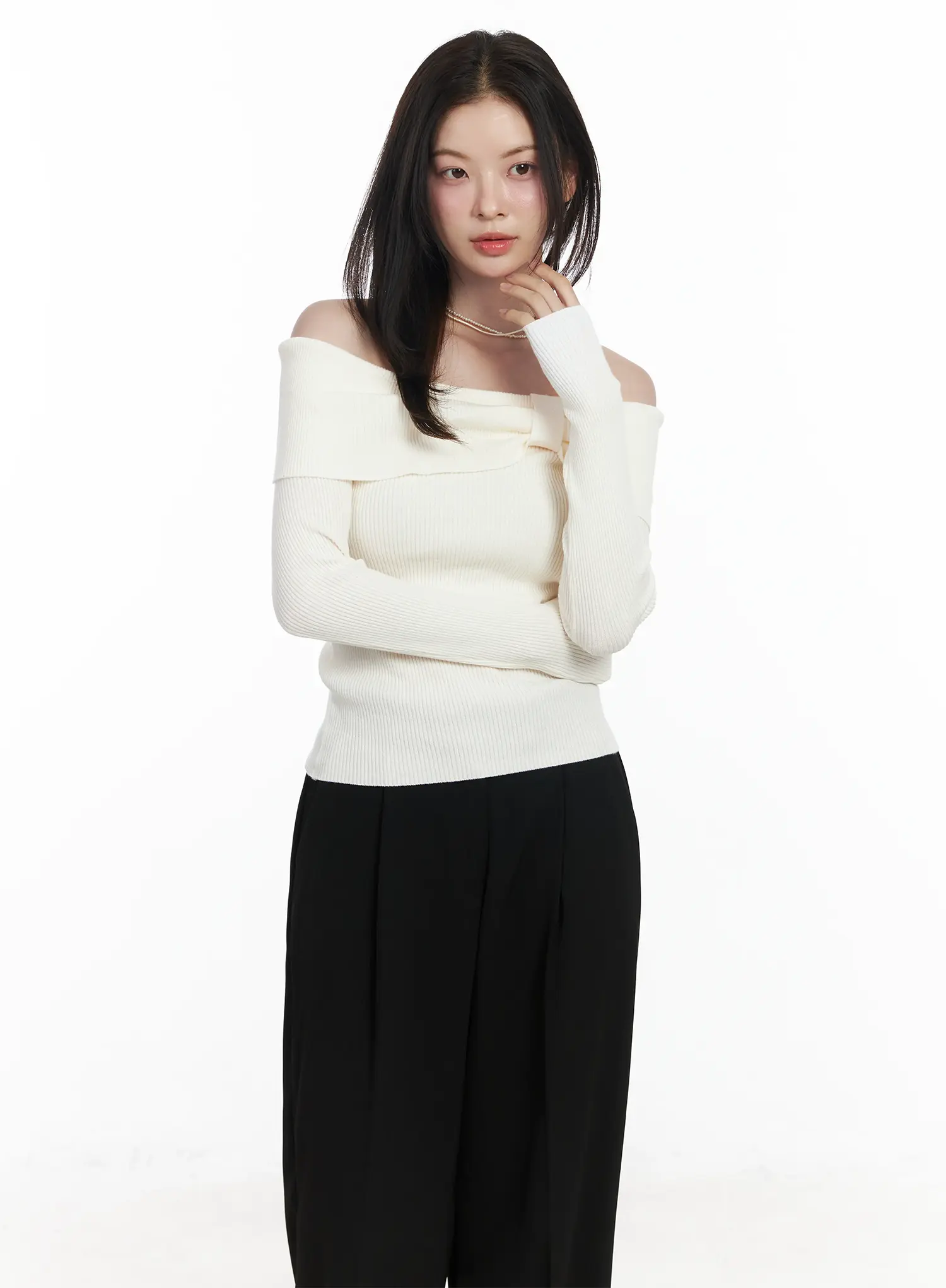 Ribbon Off-Shoulder Knit Long Sleeve Top IF520 - Image 11