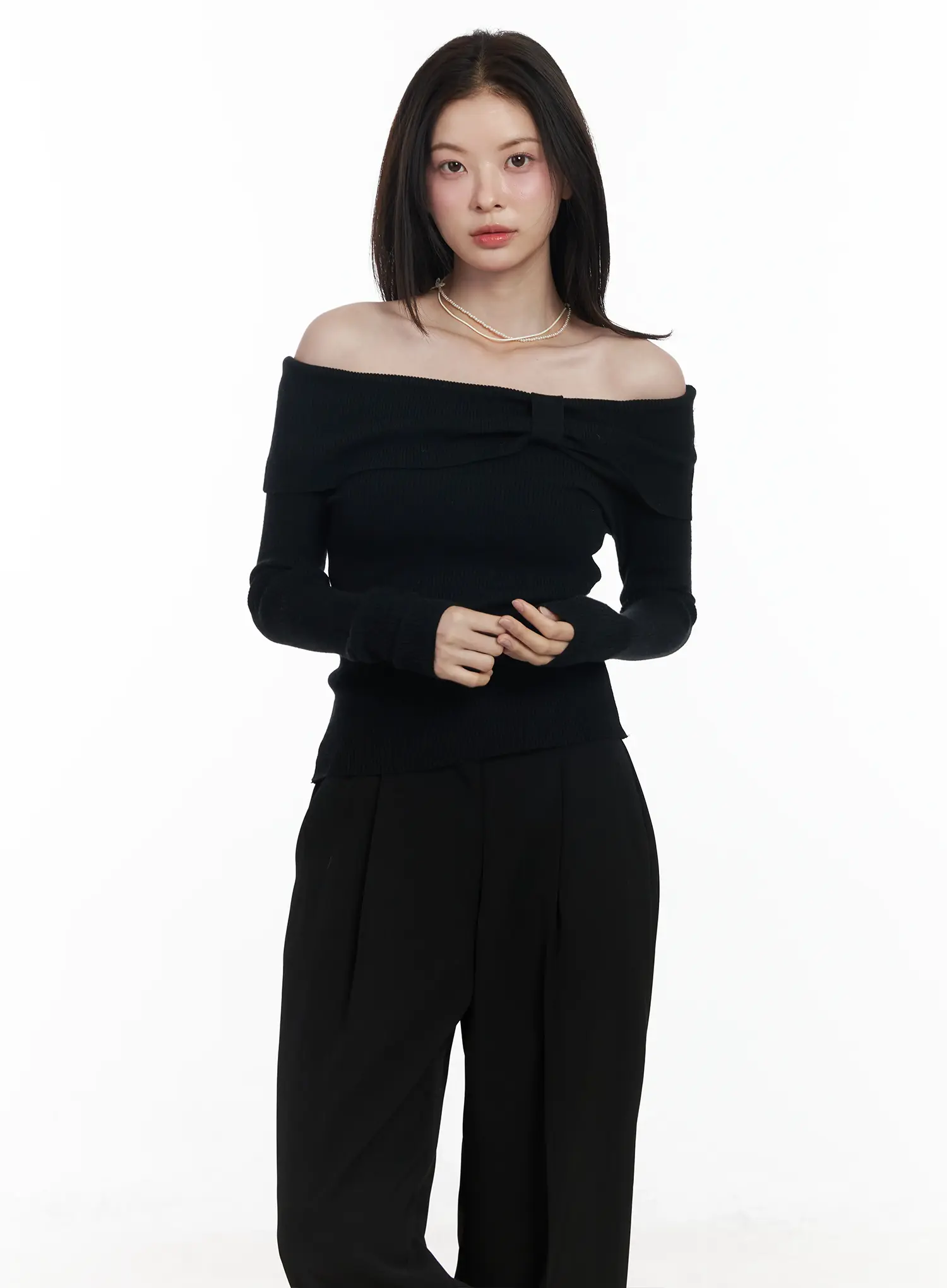 Ribbon Off-Shoulder Knit Long Sleeve Top IF520 - Image 12