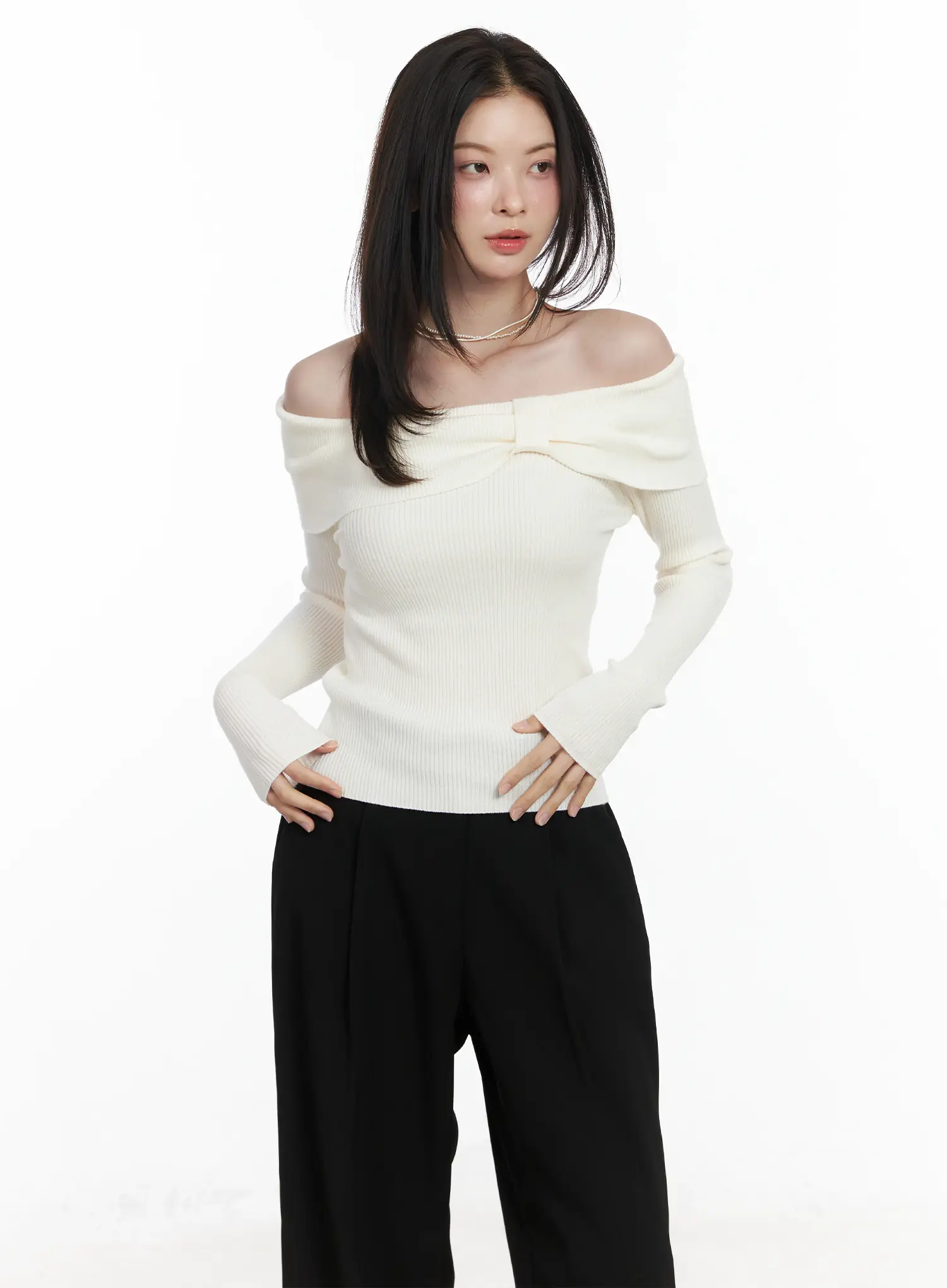 Ribbon Off-Shoulder Knit Long Sleeve Top IF520 - Image 2