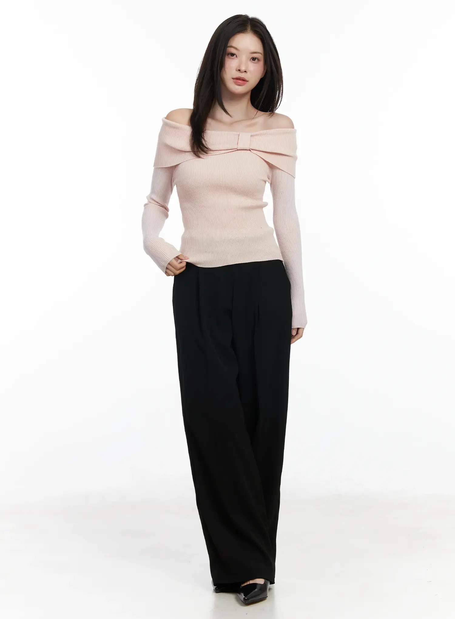 Ribbon Off-Shoulder Knit Long Sleeve Top IF520 - Image 3