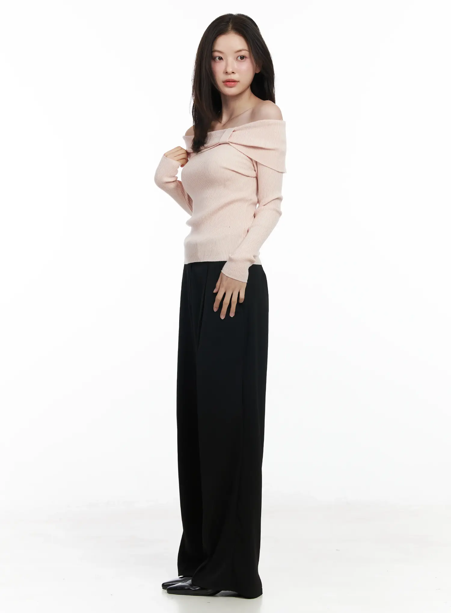 Ribbon Off-Shoulder Knit Long Sleeve Top IF520 - Image 4