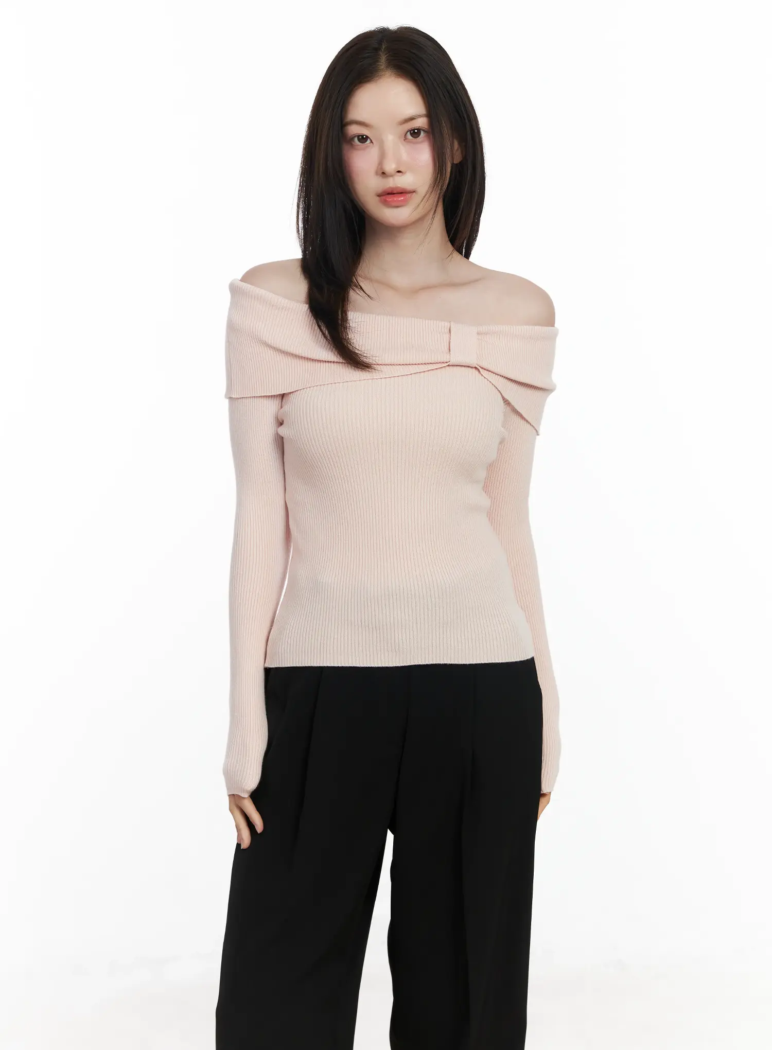 Ribbon Off-Shoulder Knit Long Sleeve Top IF520 - Image 7