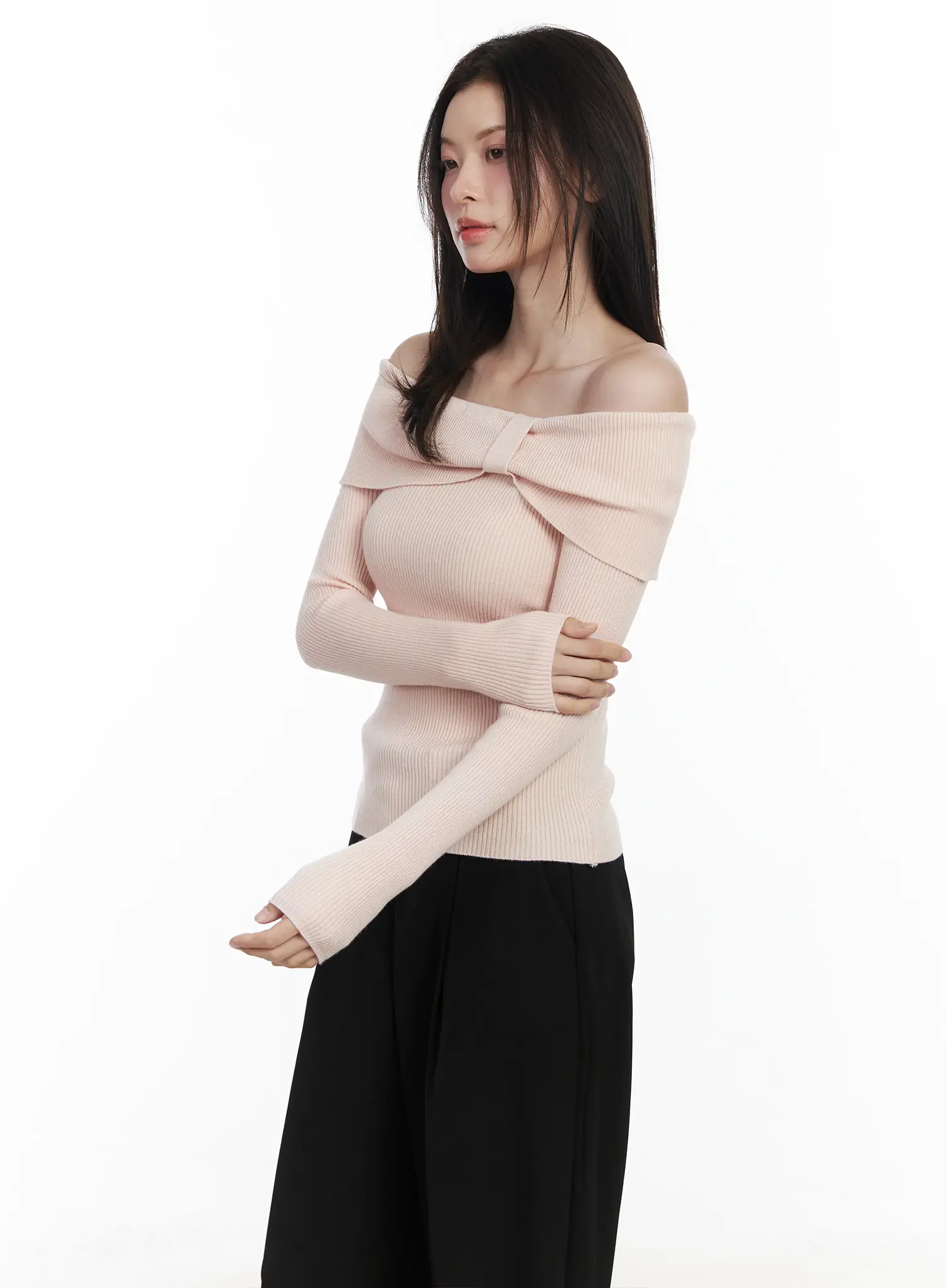 Ribbon Off-Shoulder Knit Long Sleeve Top IF520 - Image 8