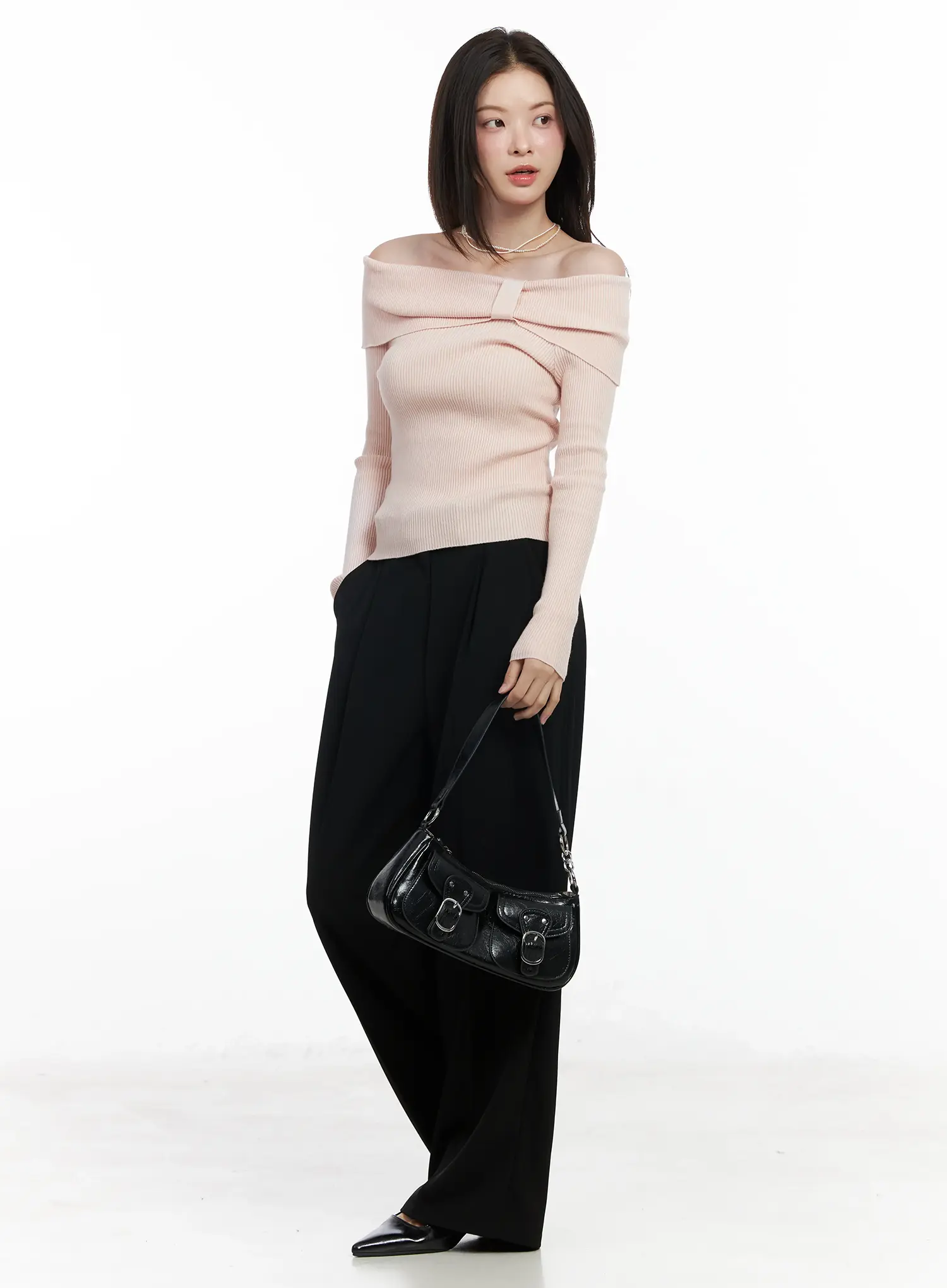 Ribbon Off-Shoulder Knit Long Sleeve Top IF520 - Image 9
